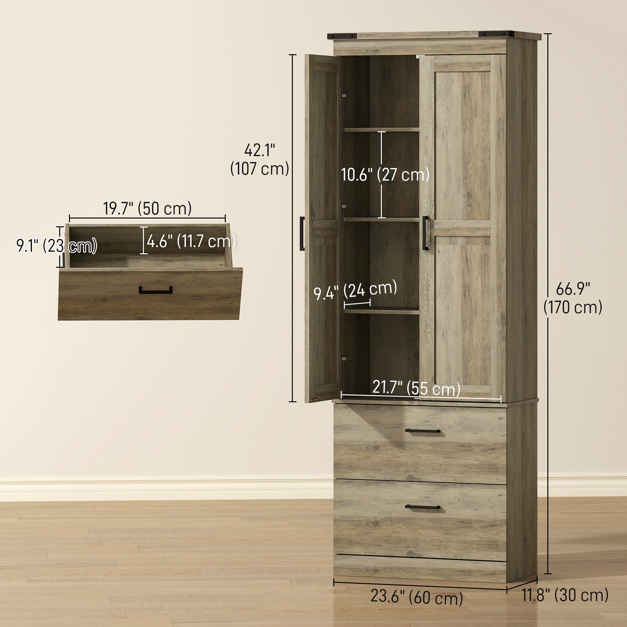 67" Kitchen Pantry Cabinet with Doors, Drawers, Shelves - Light Ivory-DECOROLALA