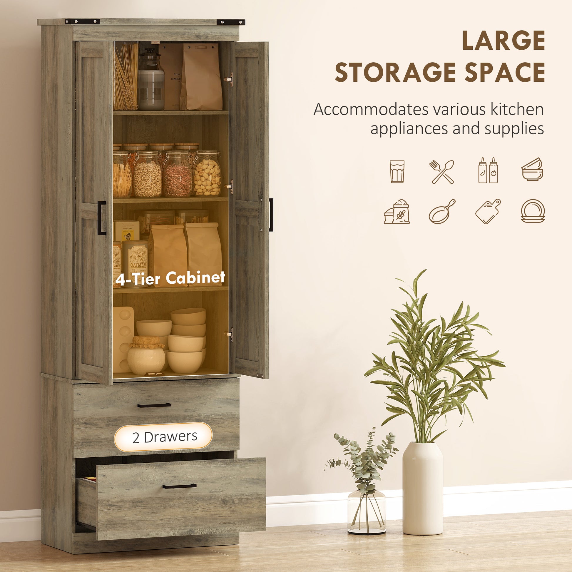 67" Kitchen Pantry Cabinet with Doors, Drawers, Shelves - Light Ivory-DECOROLALA