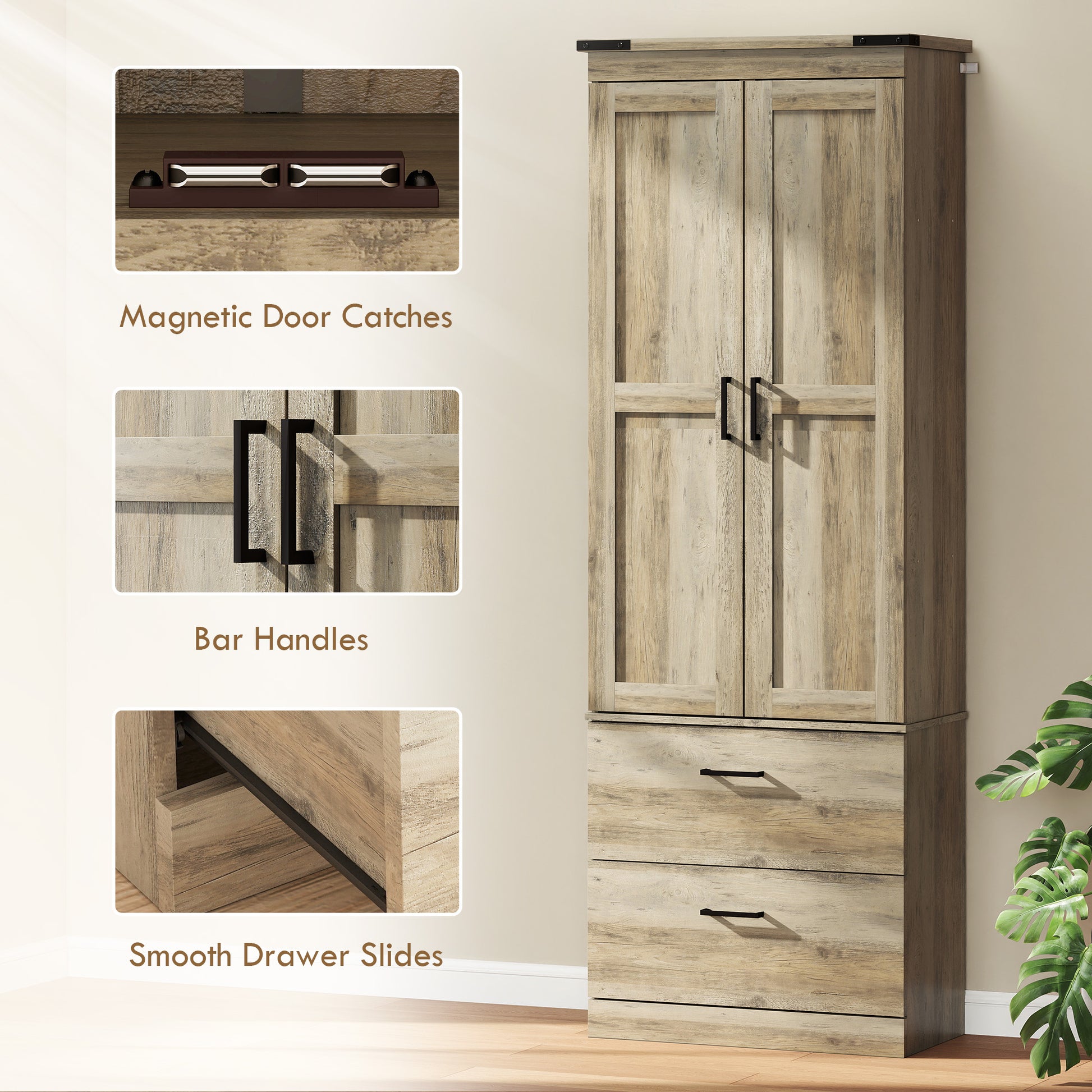 67" Kitchen Pantry Cabinet with Doors, Drawers, Shelves - Light Ivory-DECOROLALA