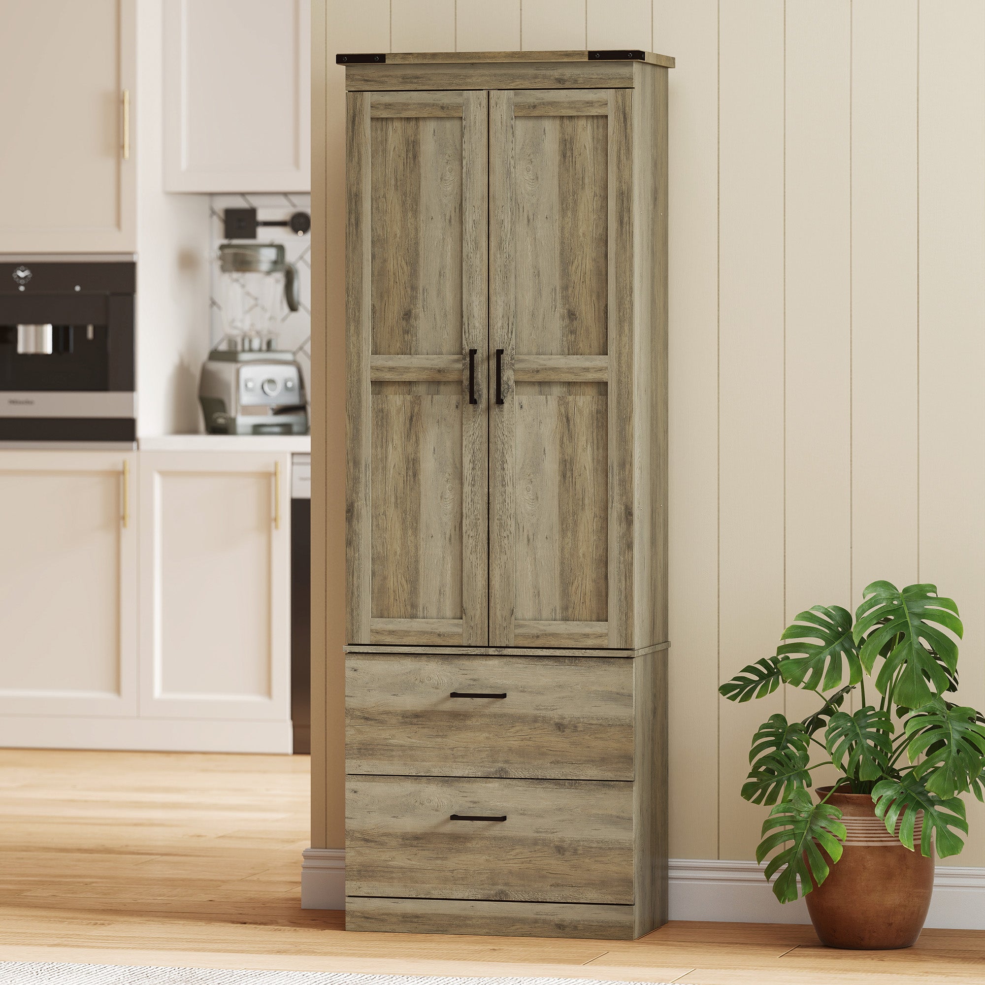 67" Kitchen Pantry Cabinet with Doors, Drawers, Shelves - Light Ivory-DECOROLALA