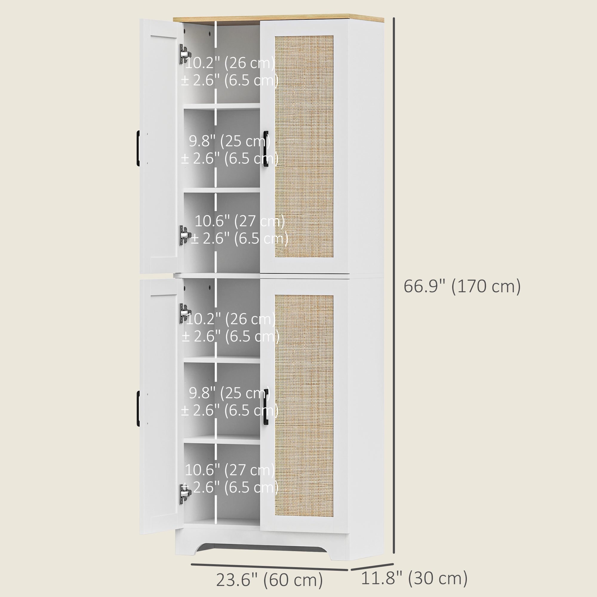 67" Kitchen Pantry with 4 Rattan Doors, Adjustable Shelves, White-DECOROLALA