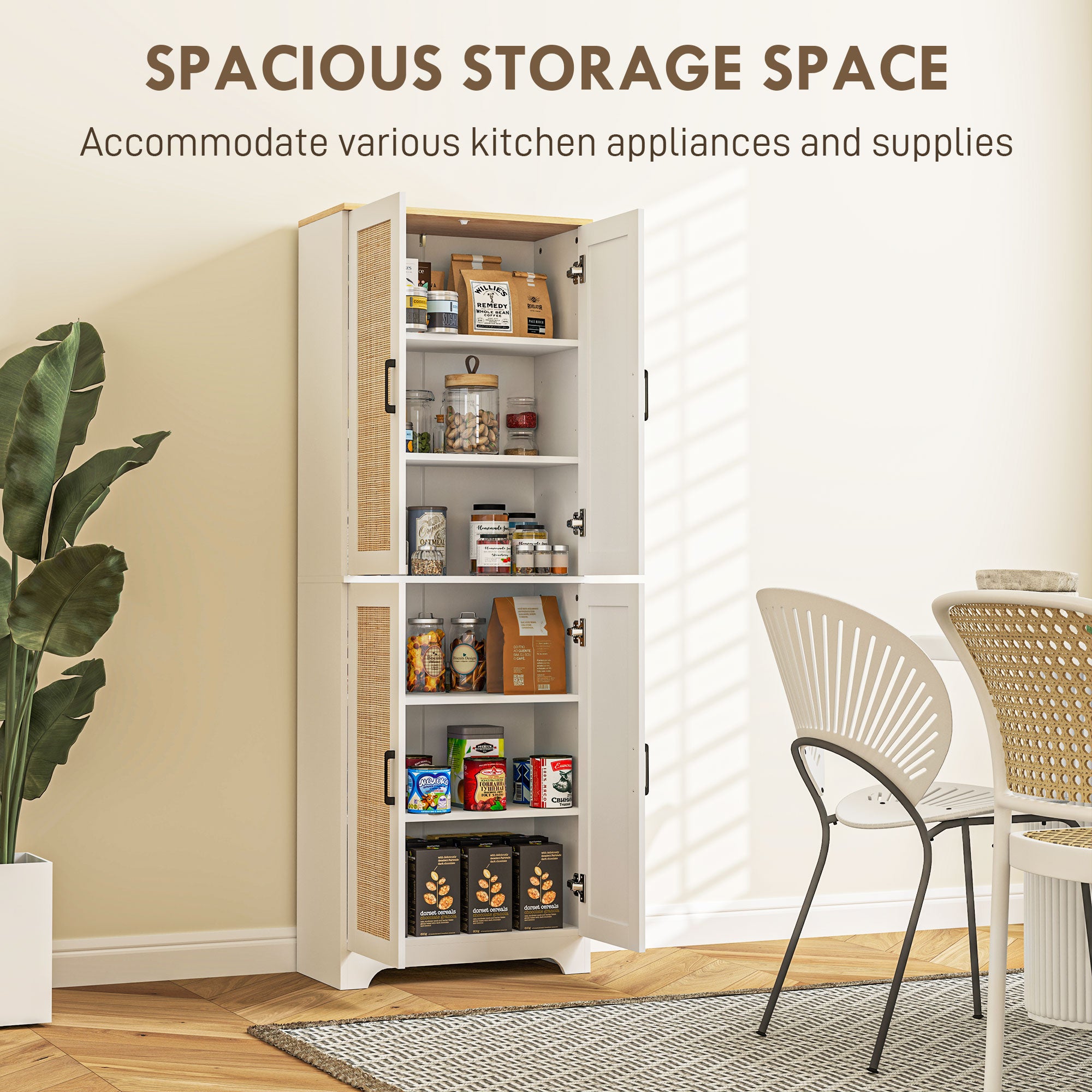 67" Kitchen Pantry with 4 Rattan Doors, Adjustable Shelves, White-DECOROLALA