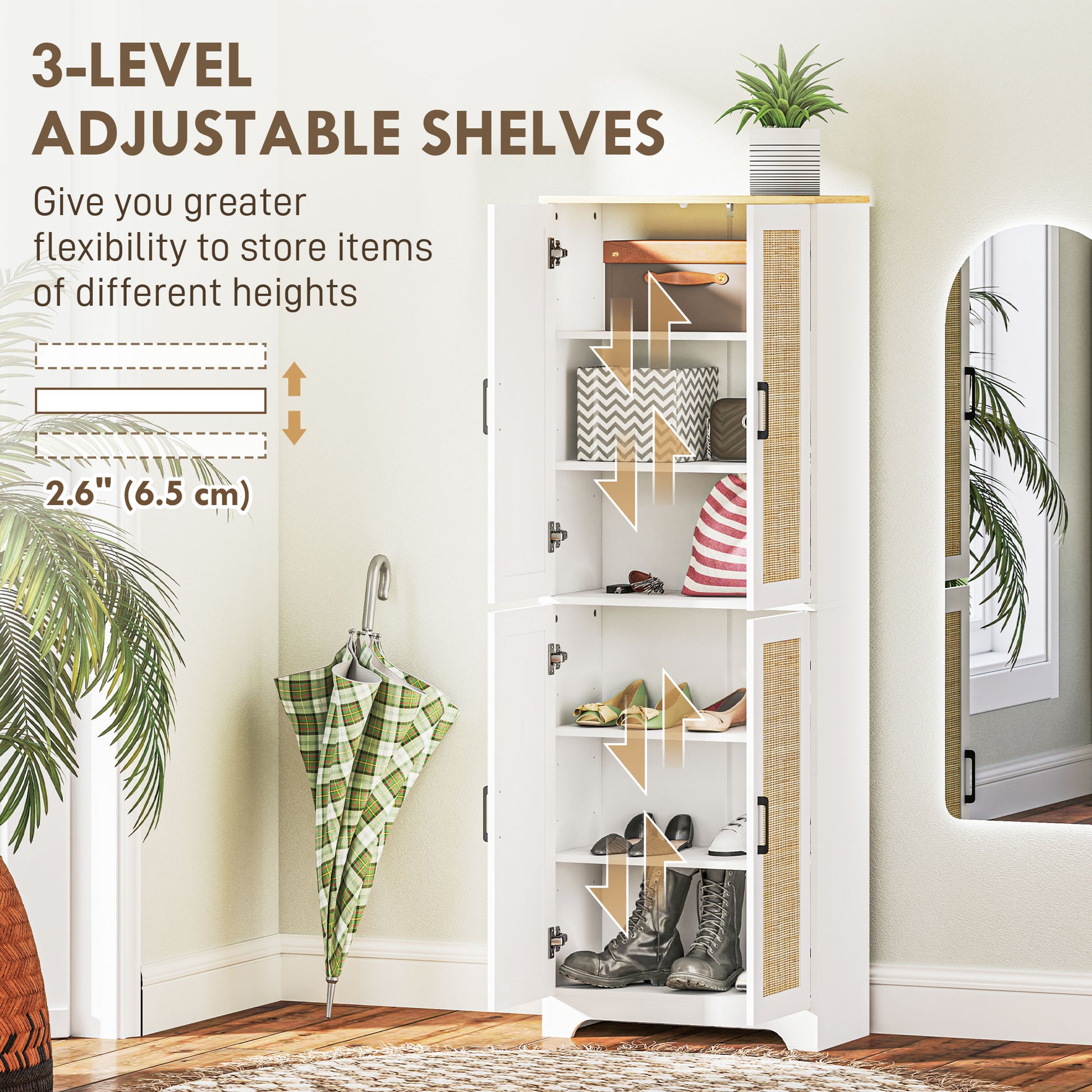 67" Kitchen Pantry with 4 Rattan Doors, Adjustable Shelves, White-DECOROLALA