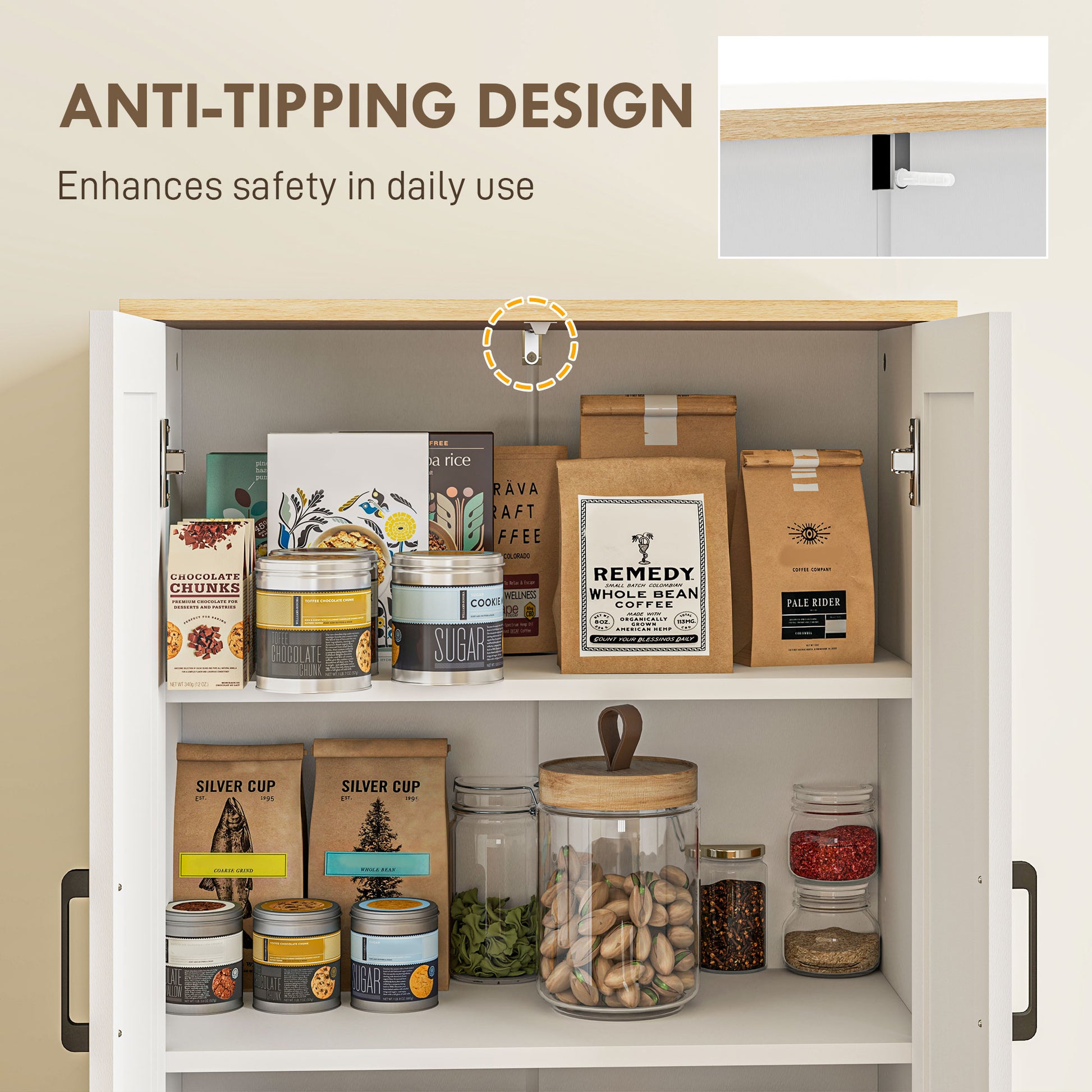 67" Kitchen Pantry with 4 Rattan Doors, Adjustable Shelves, White-DECOROLALA