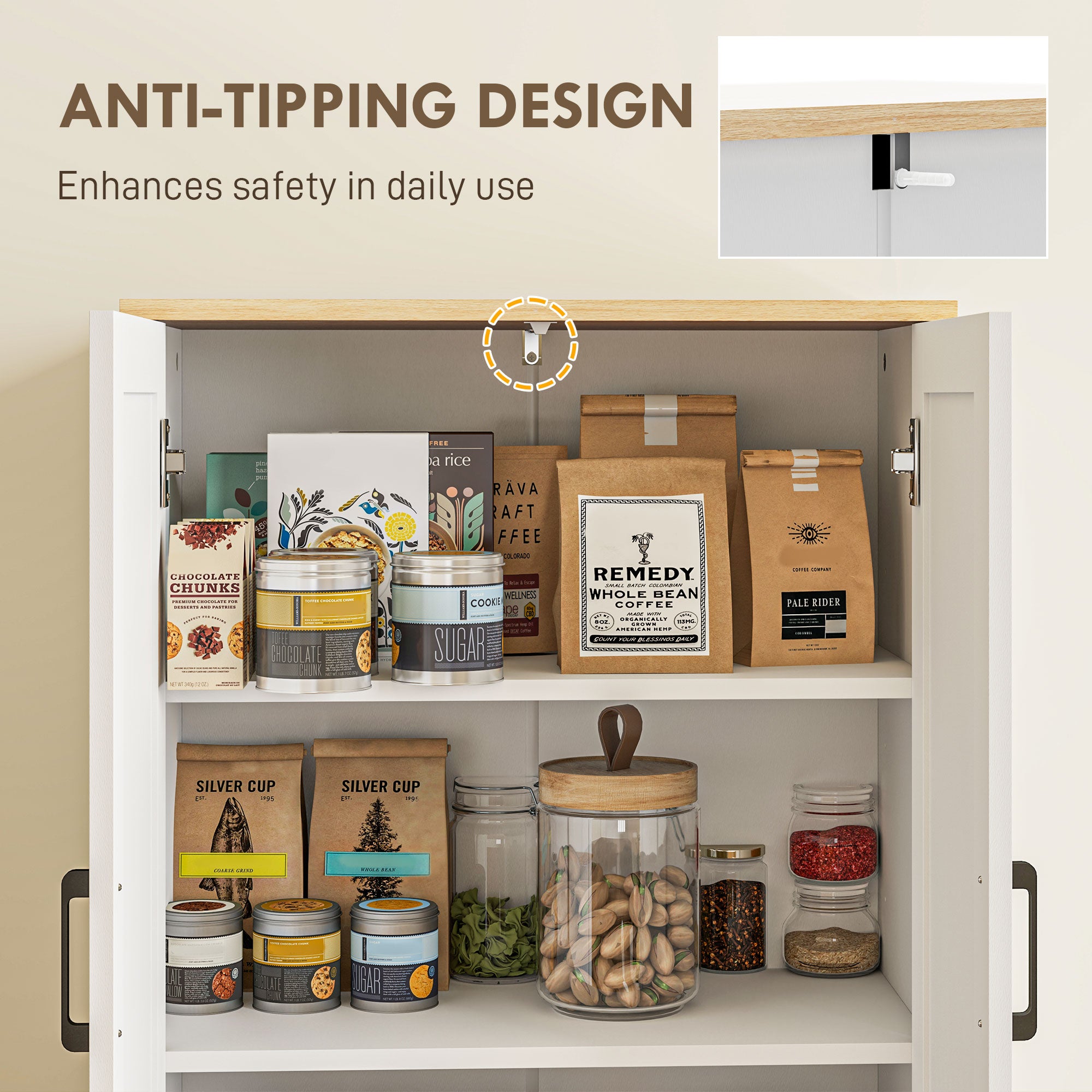 67" Kitchen Pantry with 4 Rattan Doors, Adjustable Shelves, White-DECOROLALA