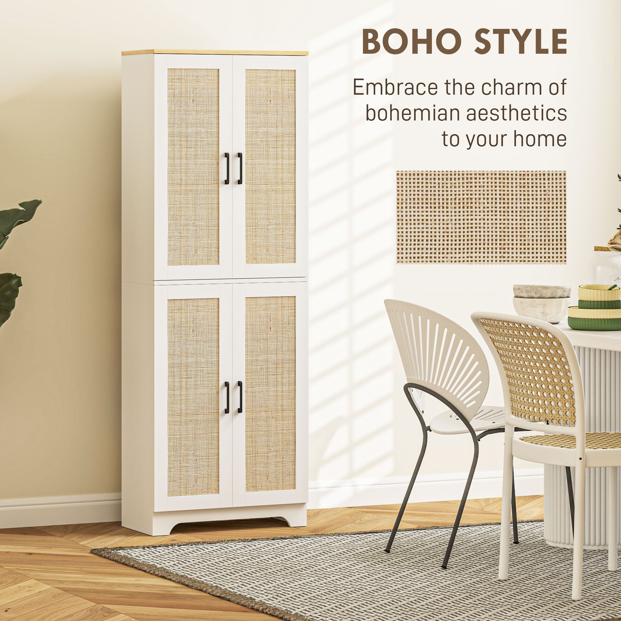 67" Kitchen Pantry with 4 Rattan Doors, Adjustable Shelves, White-DECOROLALA