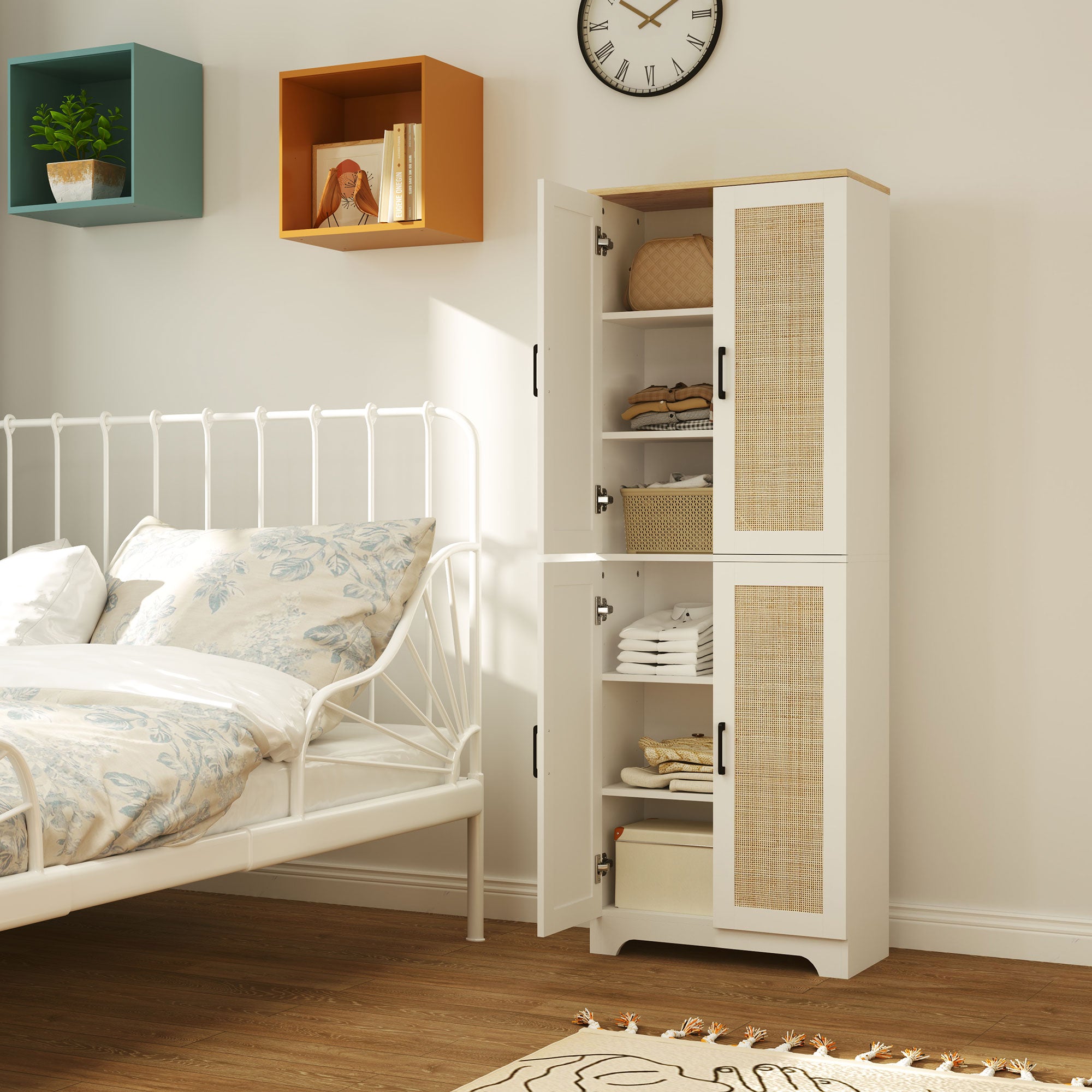 67" Kitchen Pantry with 4 Rattan Doors, Adjustable Shelves, White-DECOROLALA