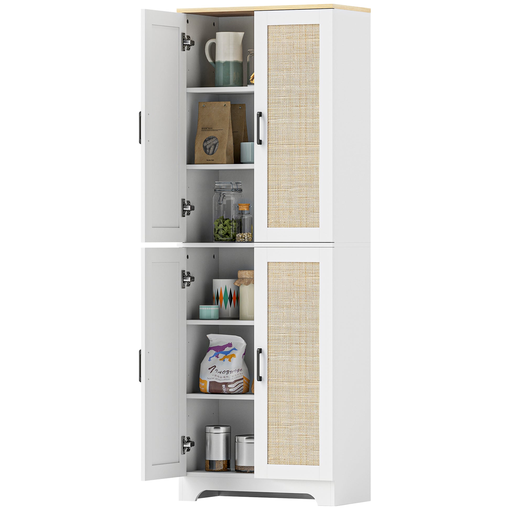 67" Kitchen Pantry with 4 Rattan Doors, Adjustable Shelves, White-DECOROLALA