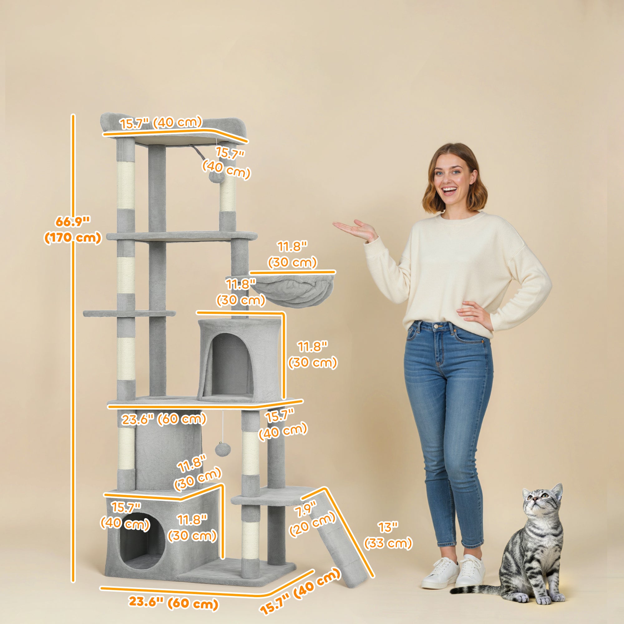 67" Large Cat Tree with 7 Scratching Posts, Tunnel, 2 Condos, Hammock, Perch, Ramp, Pompoms, Light Grey-Cats-DECOROLALA