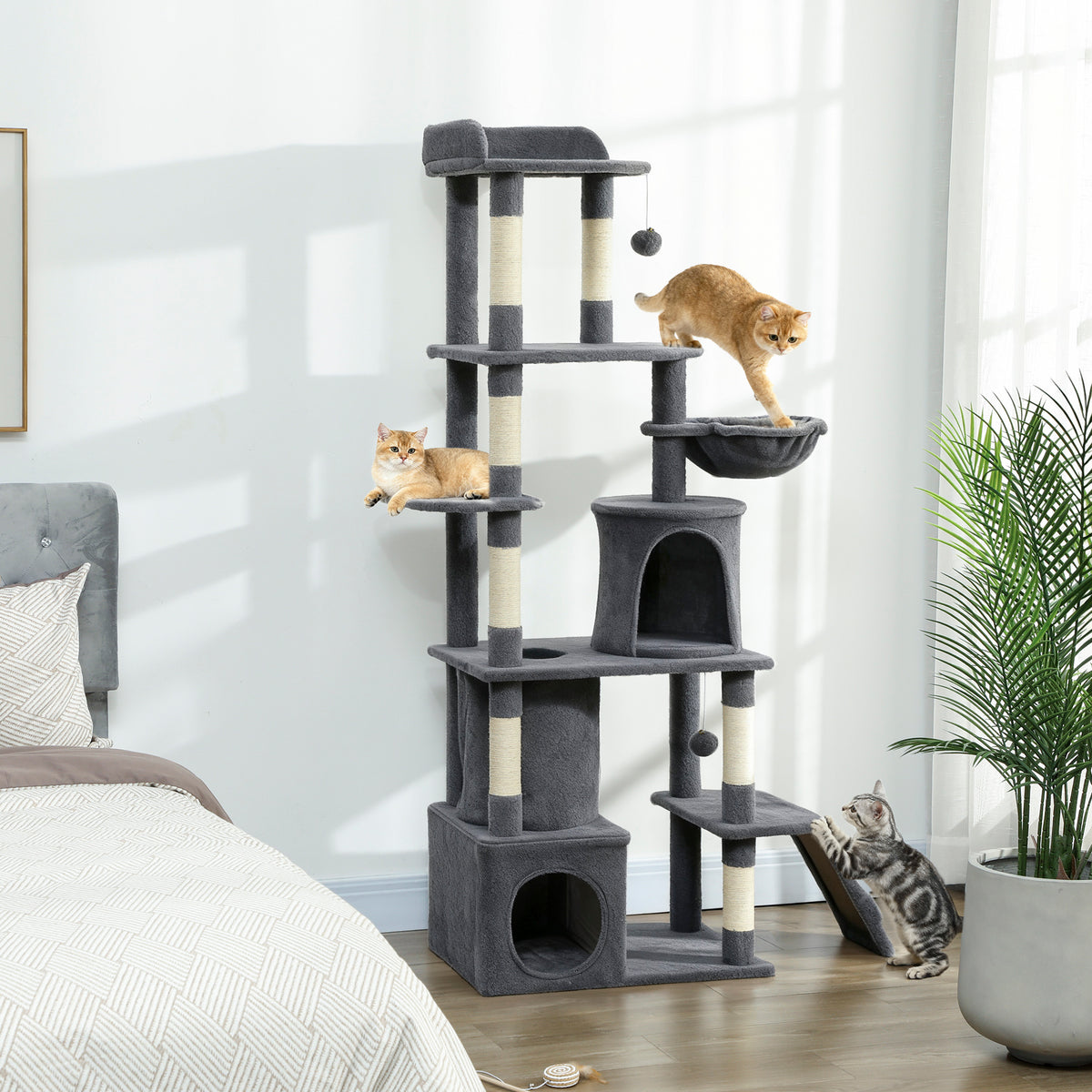 67" Large Cat Tree with Tunnel, 2 Condos & Hammock - Dark Grey-Cat Supplies-DECOROLALA