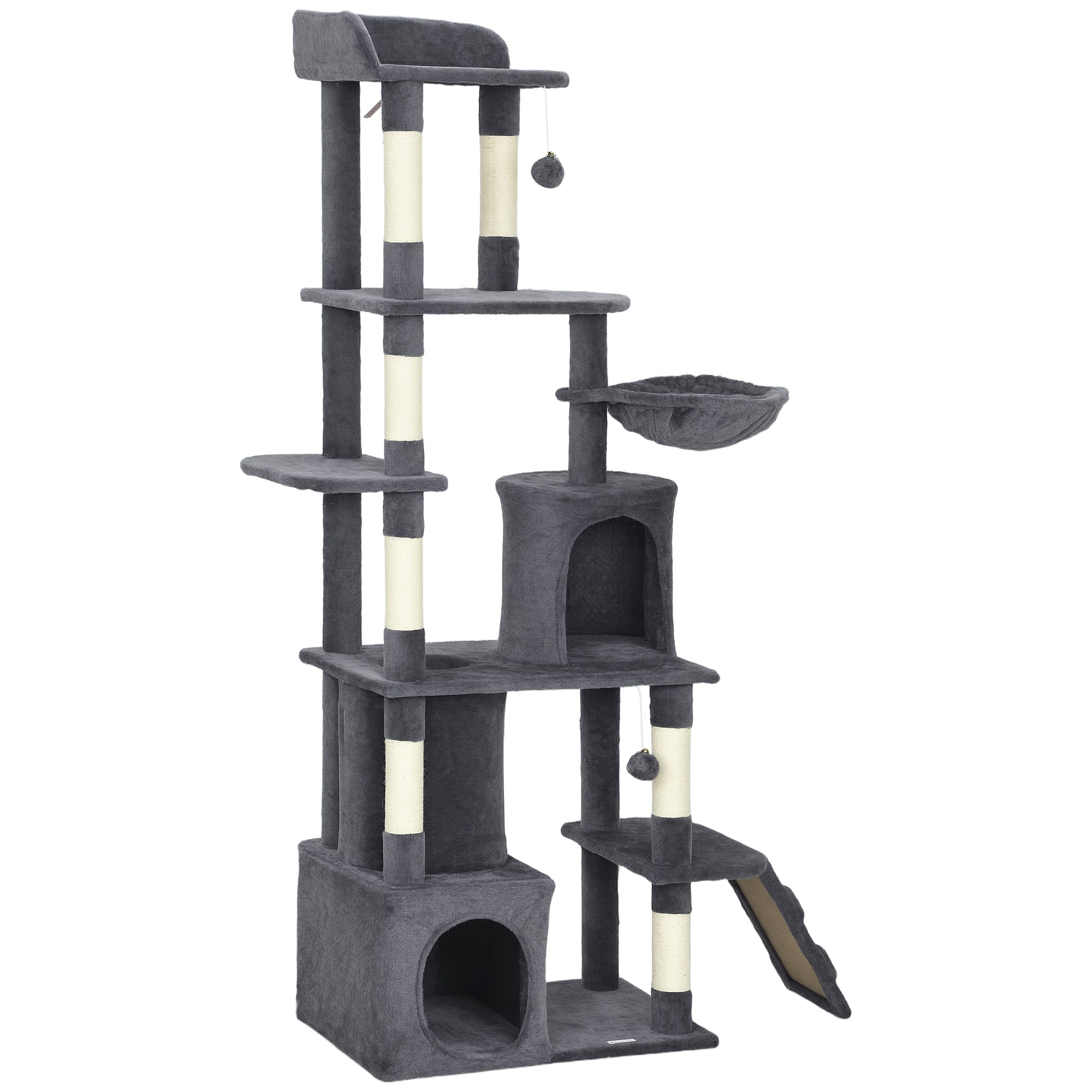 67" Large Cat Tree with Tunnel, 2 Condos & Hammock - Dark Grey-Cats-DECOROLALA