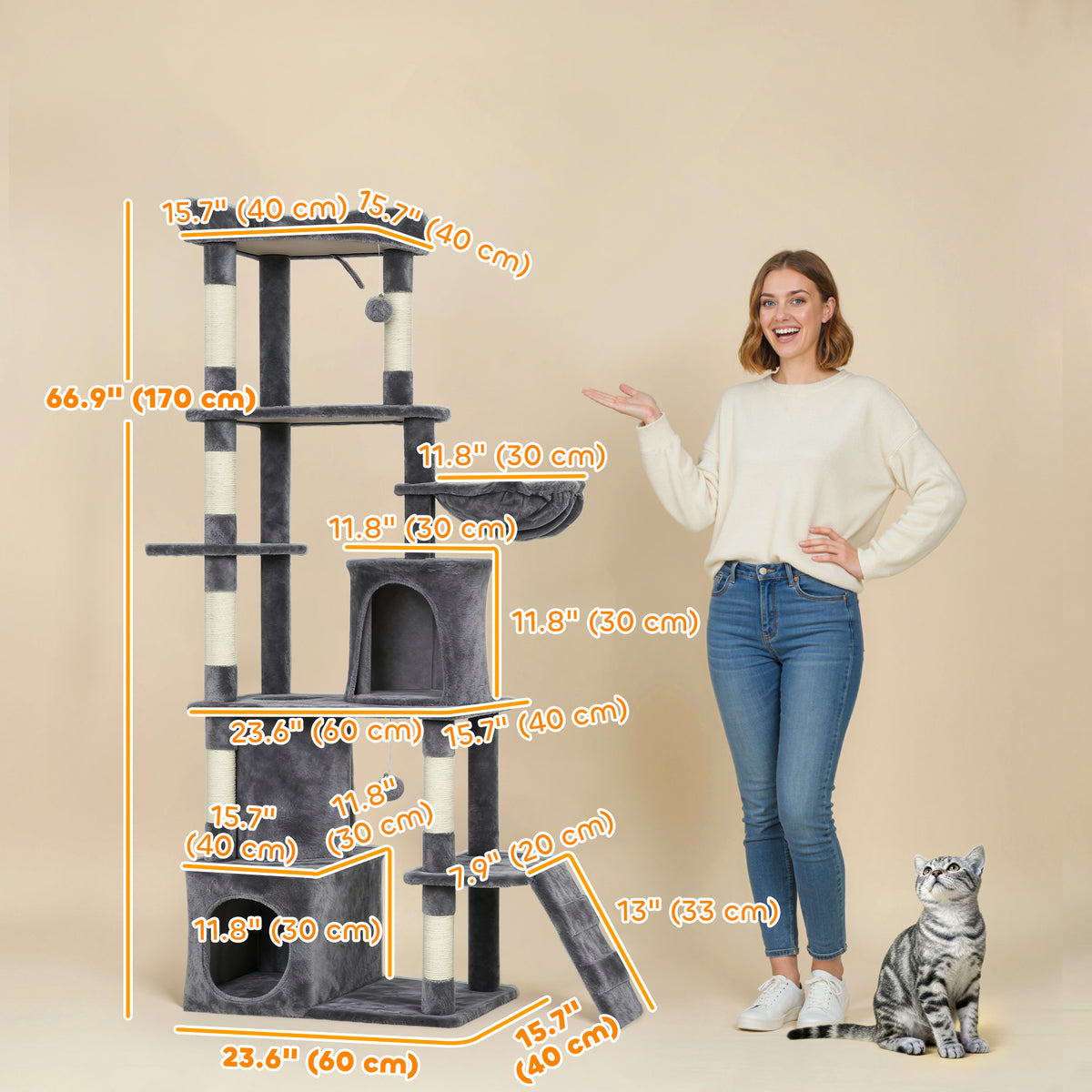67" Large Cat Tree with Tunnel, 2 Condos & Hammock - Dark Grey-Cats-DECOROLALA
