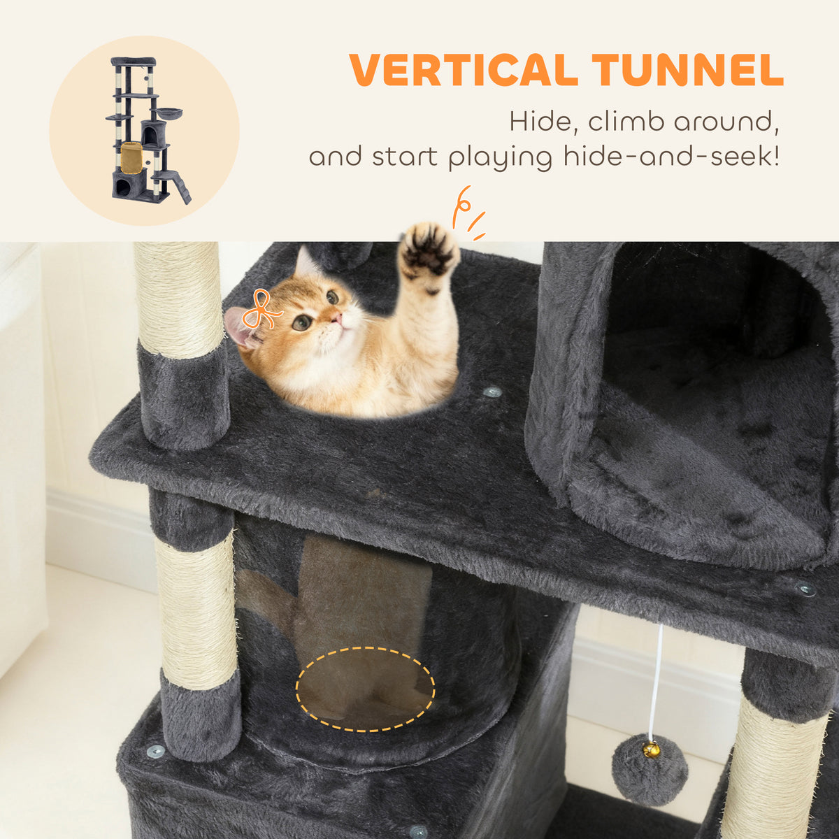 67" Large Cat Tree with Tunnel, 2 Condos & Hammock - Dark Grey-Cats-DECOROLALA