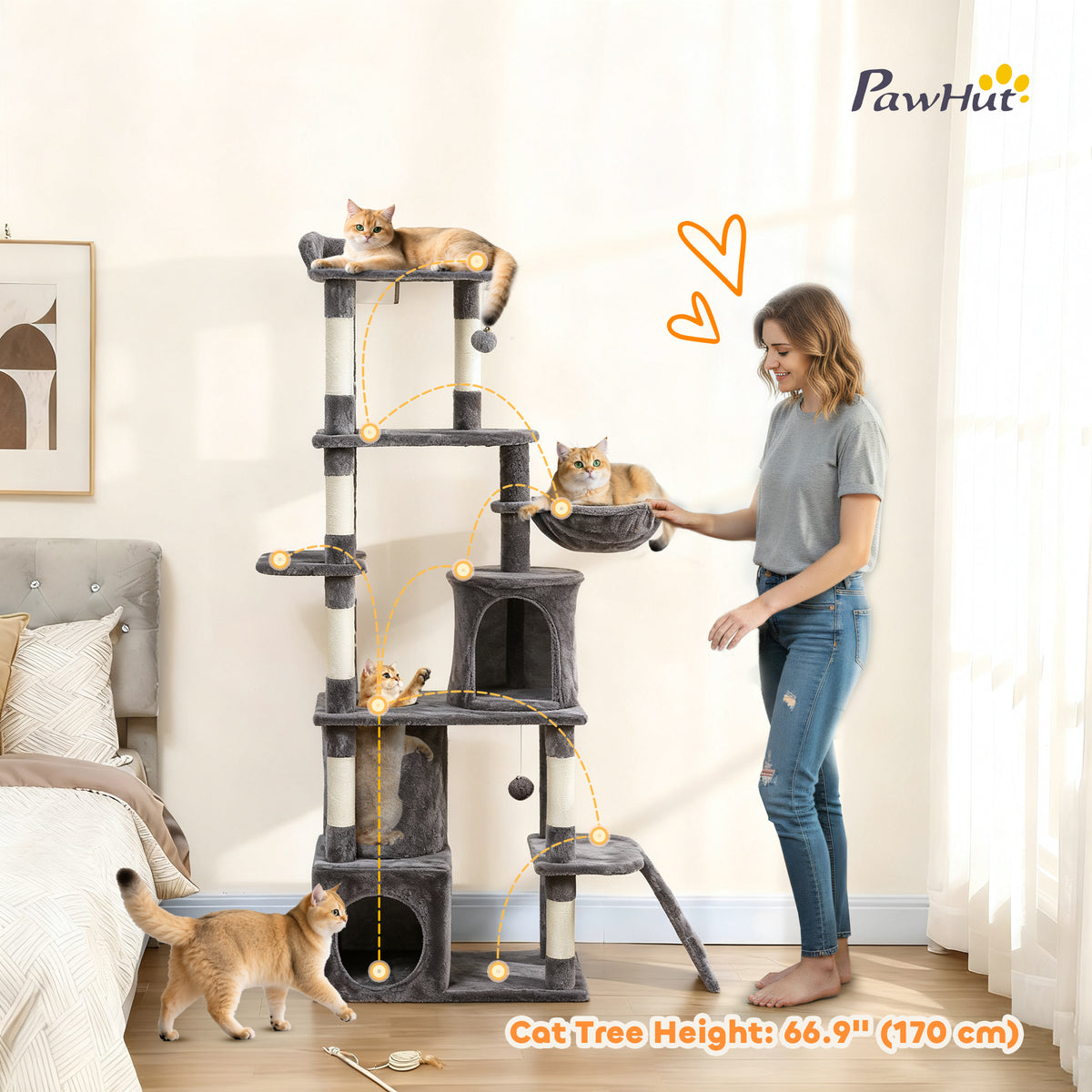 67" Large Cat Tree with Tunnel, 2 Condos & Hammock - Dark Grey-Cats-DECOROLALA