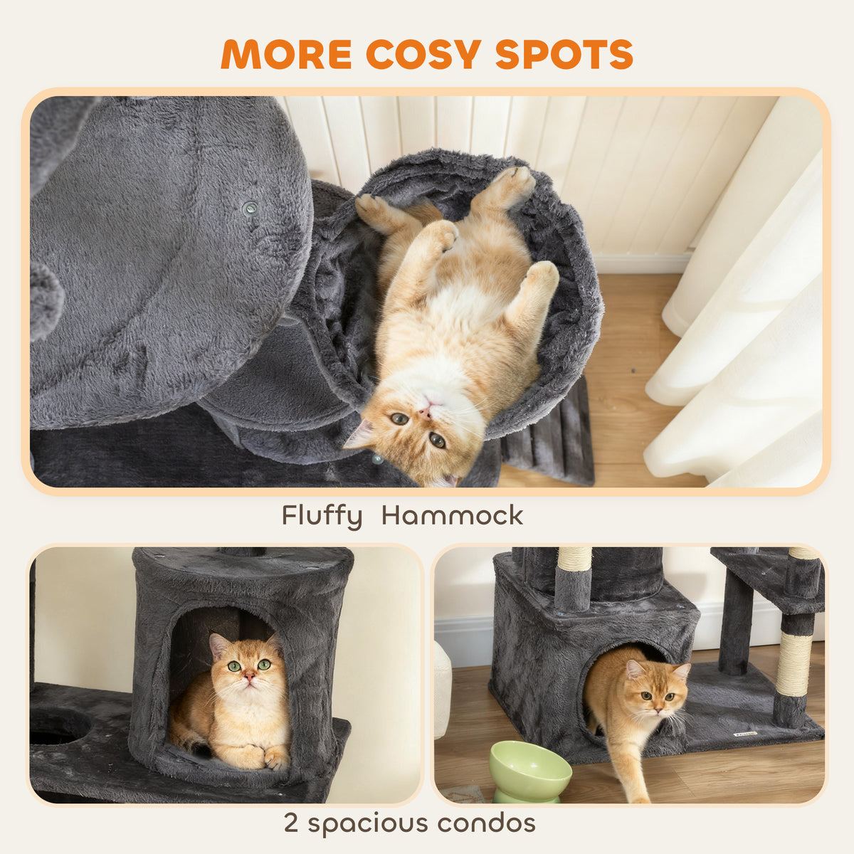 67" Large Cat Tree with Tunnel, 2 Condos & Hammock - Dark Grey-Cats-DECOROLALA