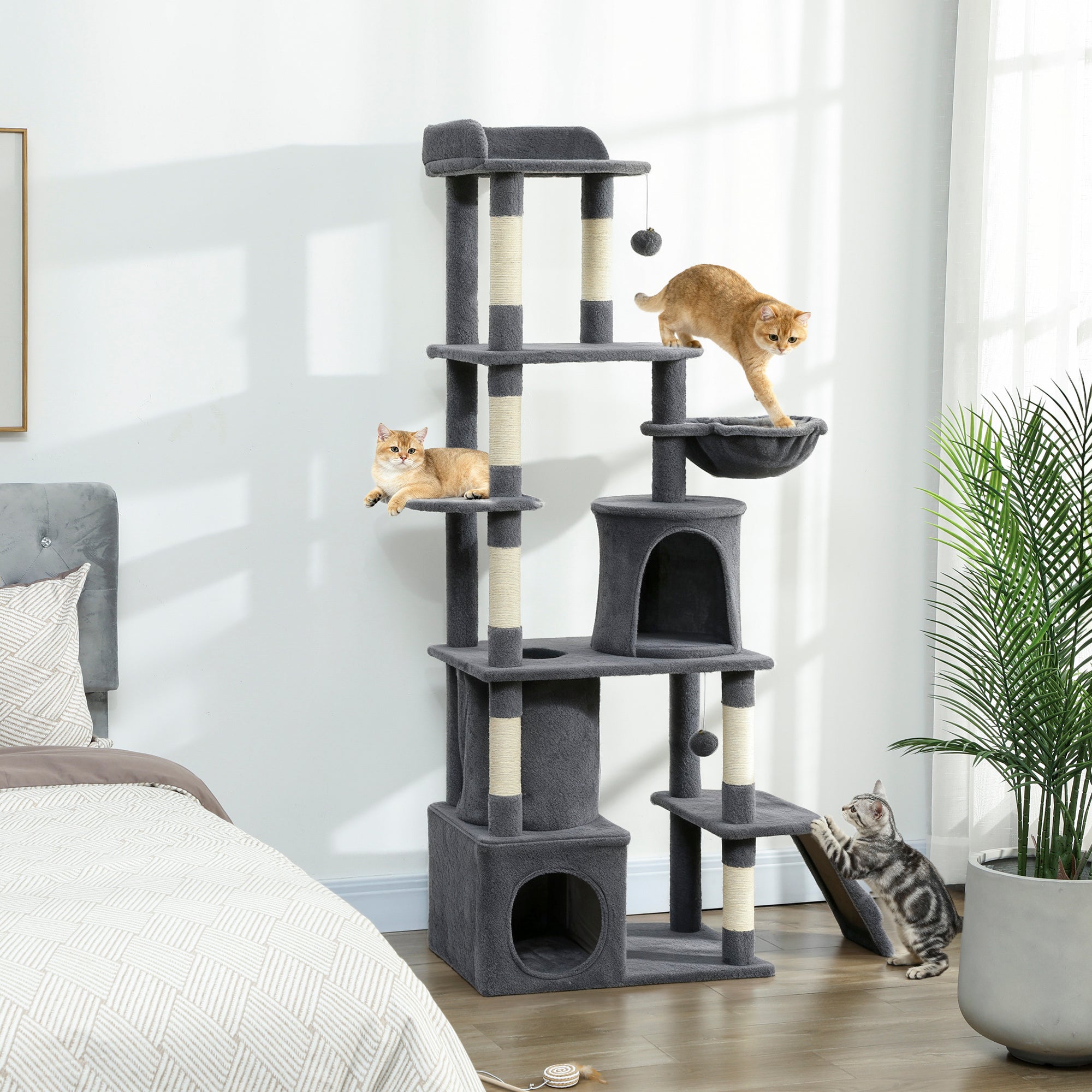 67" Large Cat Tree with Tunnel, 2 Condos & Hammock - Dark Grey-Cats-DECOROLALA
