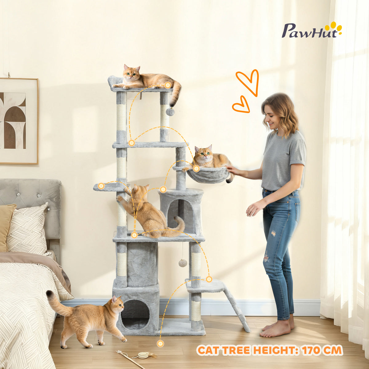 67" Large Cat Tree with Tunnel, 2 Condos & Hammock - Light Grey-Cats-DECOROLALA