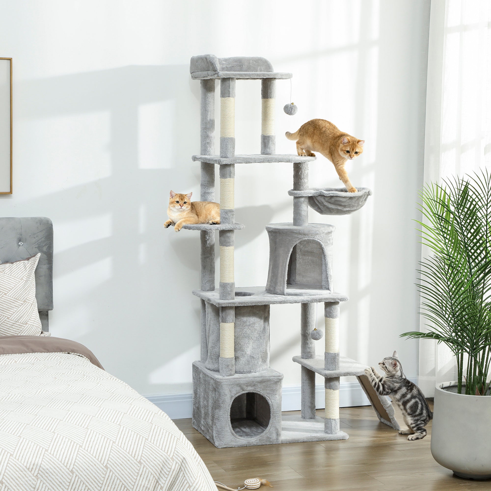 67" Large Cat Tree with Tunnel, 2 Condos & Hammock - Light Grey-Cats-DECOROLALA