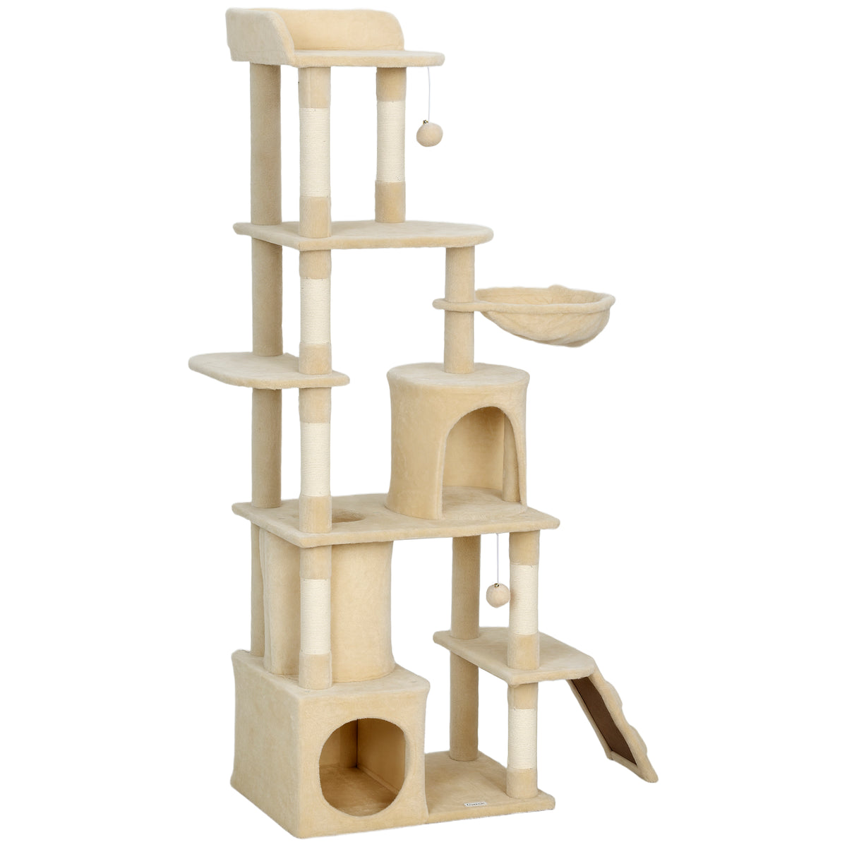 67" Large Cat Tree with Tunnel, 2 Condos and Hammock - Beige-Cats-DECOROLALA