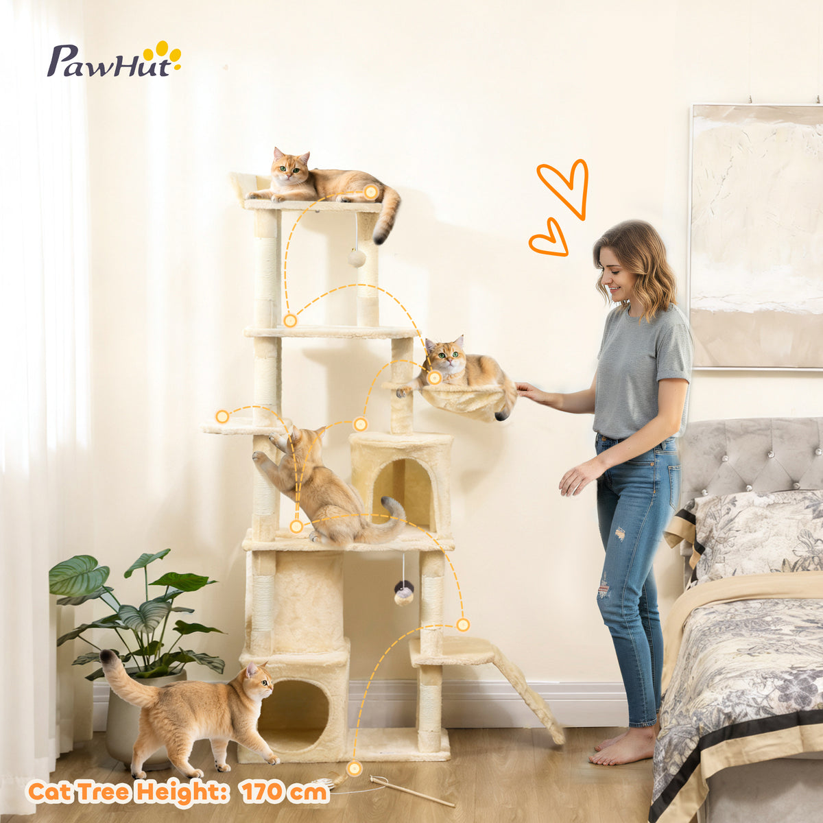67" Large Cat Tree with Tunnel, 2 Condos and Hammock - Beige-Cats-DECOROLALA