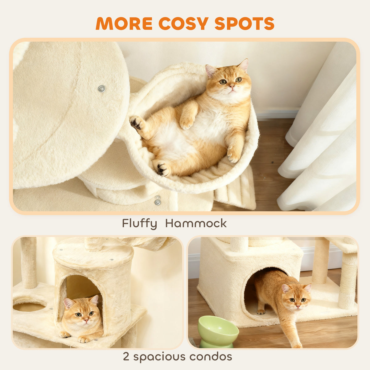 67" Large Cat Tree with Tunnel, 2 Condos and Hammock - Beige-Cats-DECOROLALA