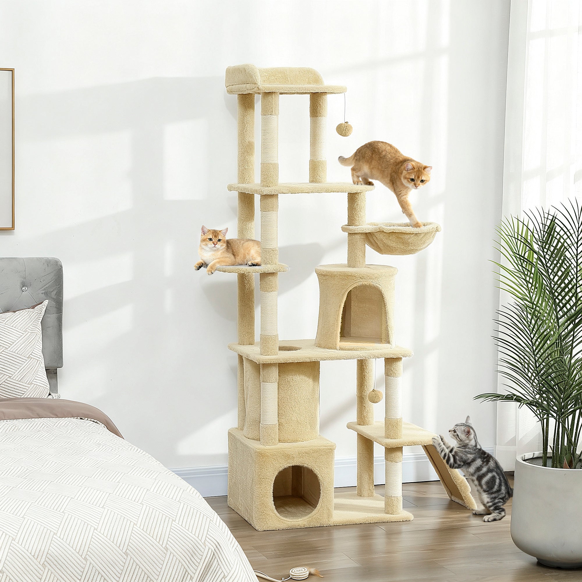 67" Large Cat Tree with Tunnel, 2 Condos and Hammock - Beige-Cats-DECOROLALA