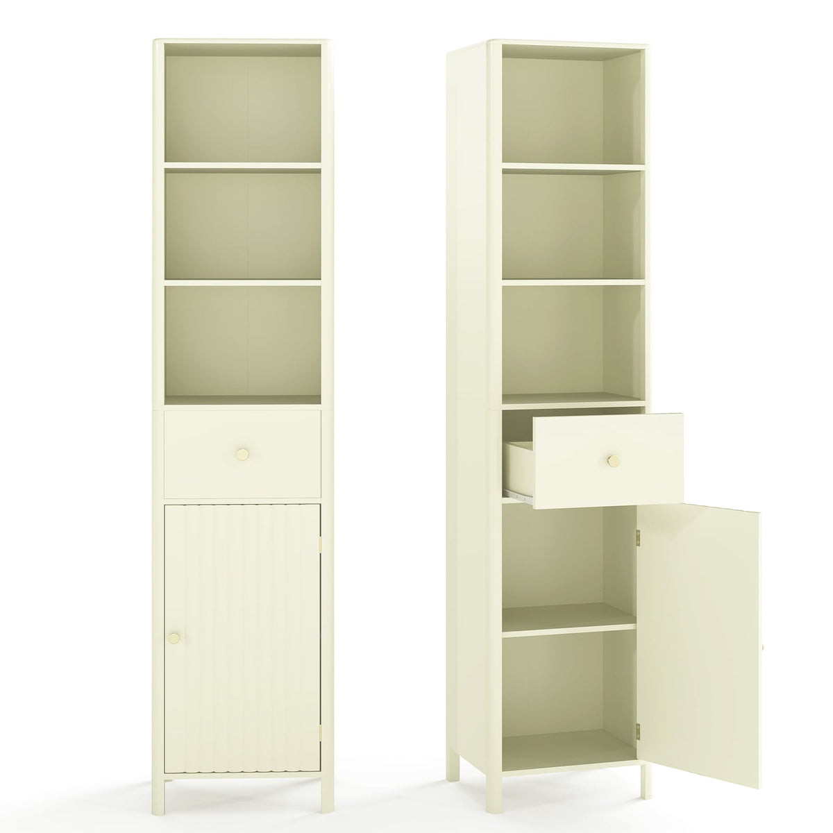 67" Narrow Tall Bathroom Cabinet with Fluted Door - Beige-Floor Cabinets-DECOROLALA