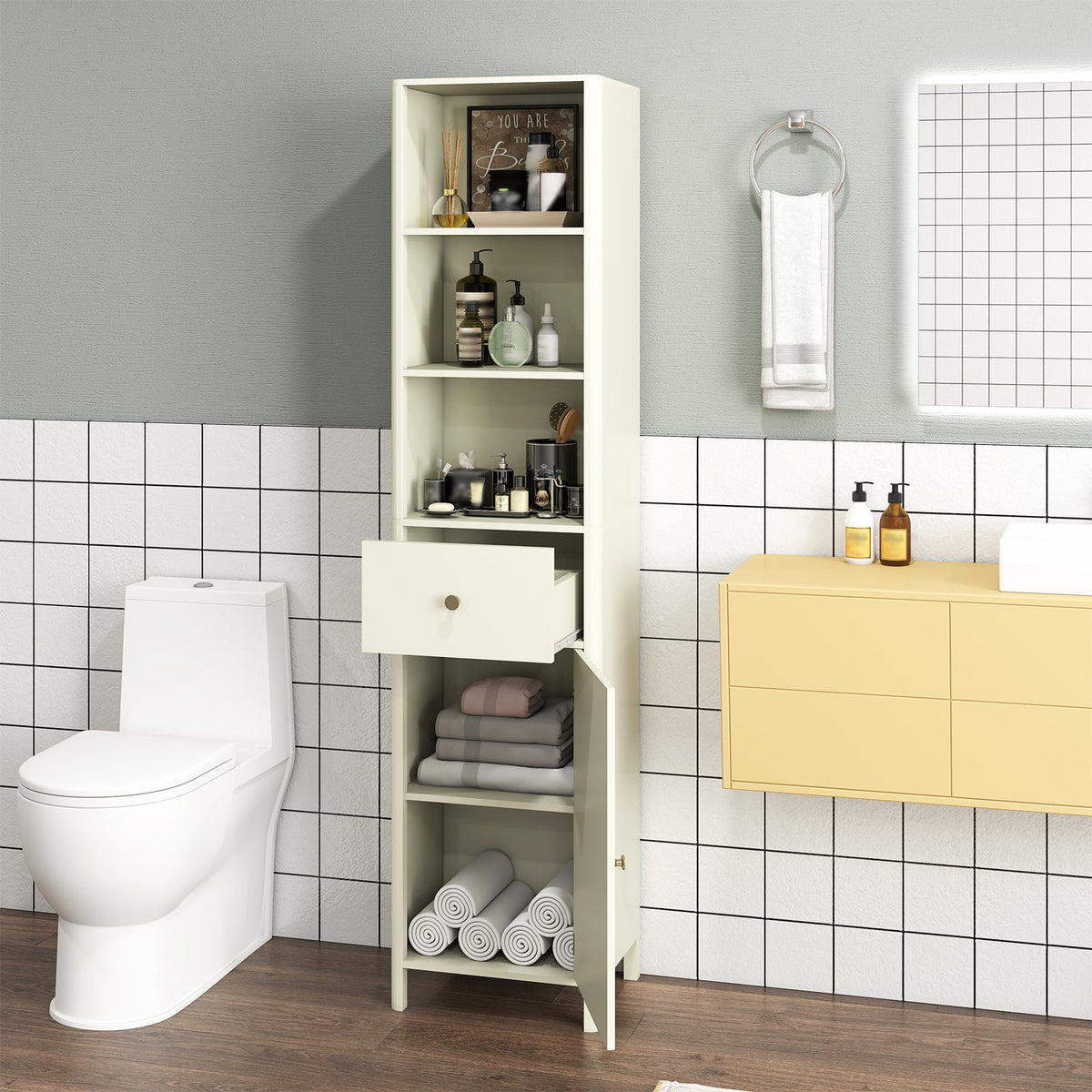 67" Narrow Tall Bathroom Cabinet with Fluted Door - Beige-Floor Cabinets-DECOROLALA