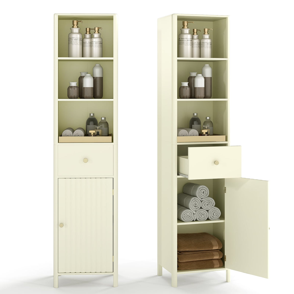 67" Narrow Tall Bathroom Cabinet with Fluted Door - Beige-Floor Cabinets-DECOROLALA