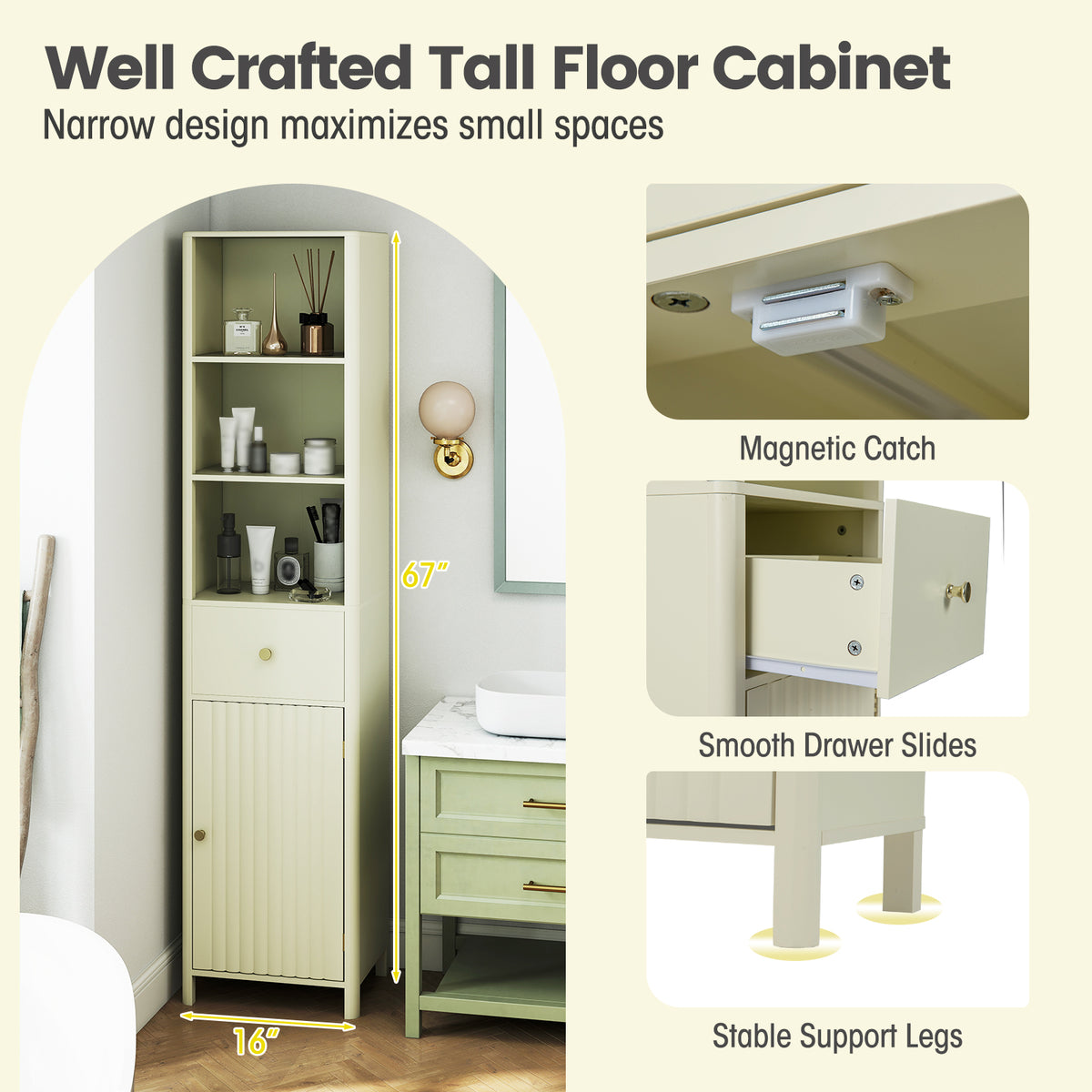 67" Narrow Tall Bathroom Cabinet with Fluted Door - Beige-Floor Cabinets-DECOROLALA