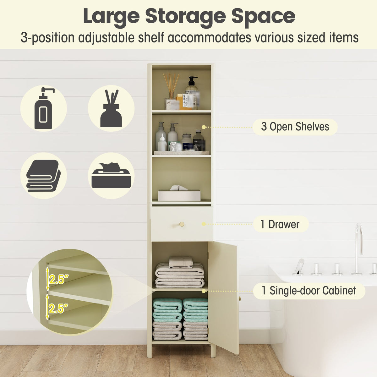 67" Narrow Tall Bathroom Cabinet with Fluted Door - Beige-Floor Cabinets-DECOROLALA