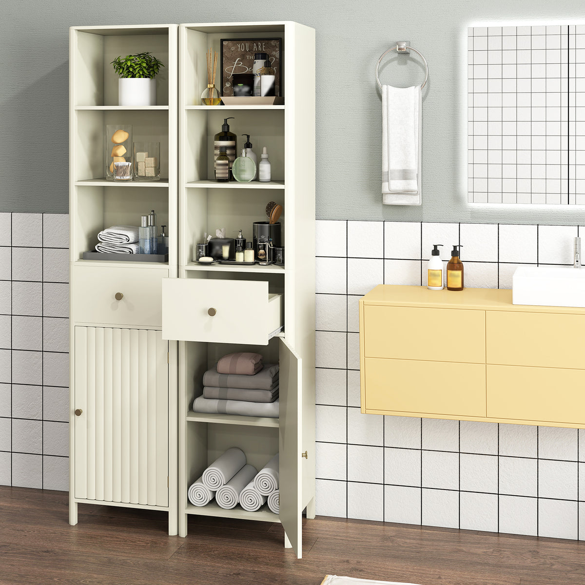 67" Narrow Tall Bathroom Cabinet with Fluted Door - Beige-Floor Cabinets-DECOROLALA
