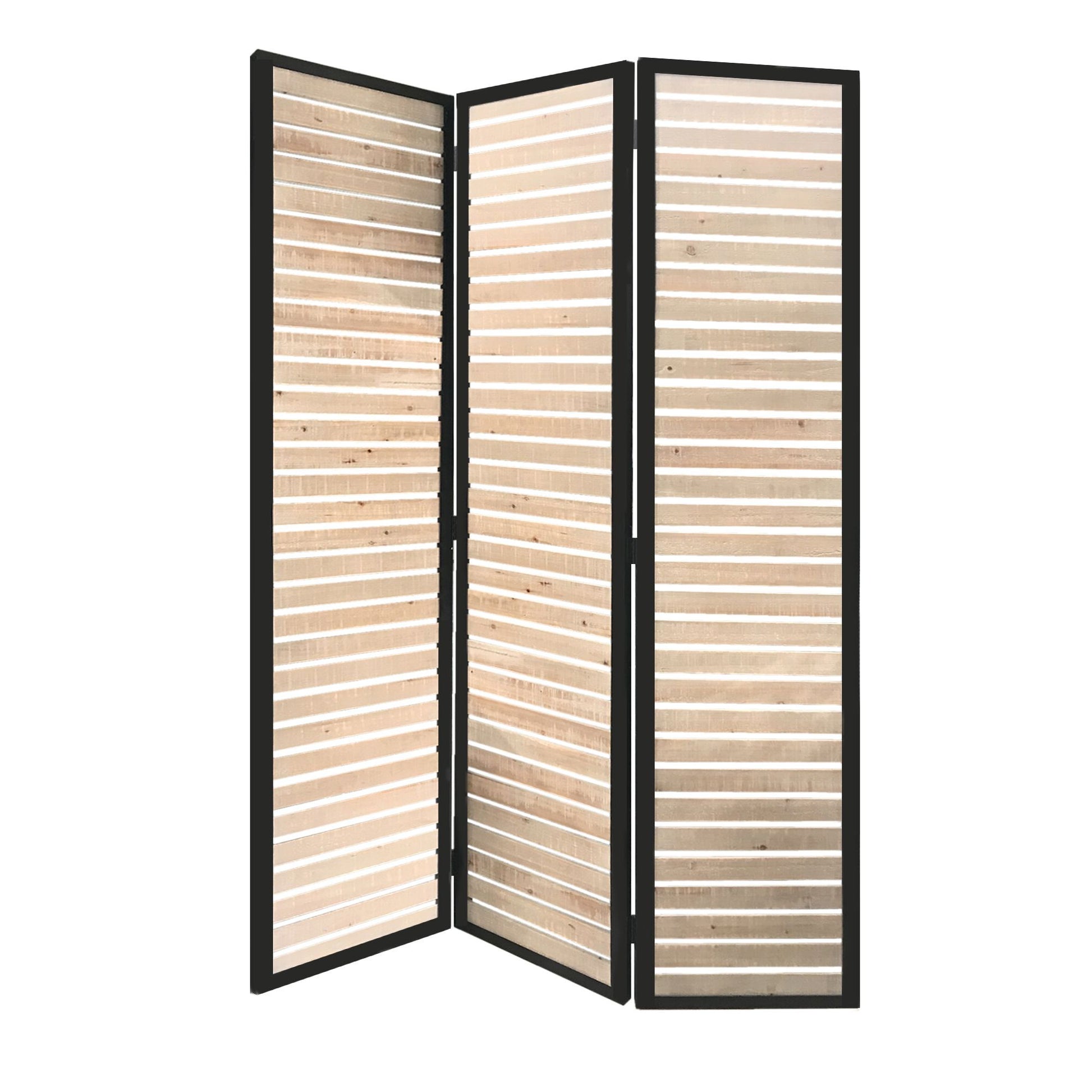 67" Natural Wood and Iron Folding Three Panel Screen Room Divider-Room Dividers-DECOROLALA