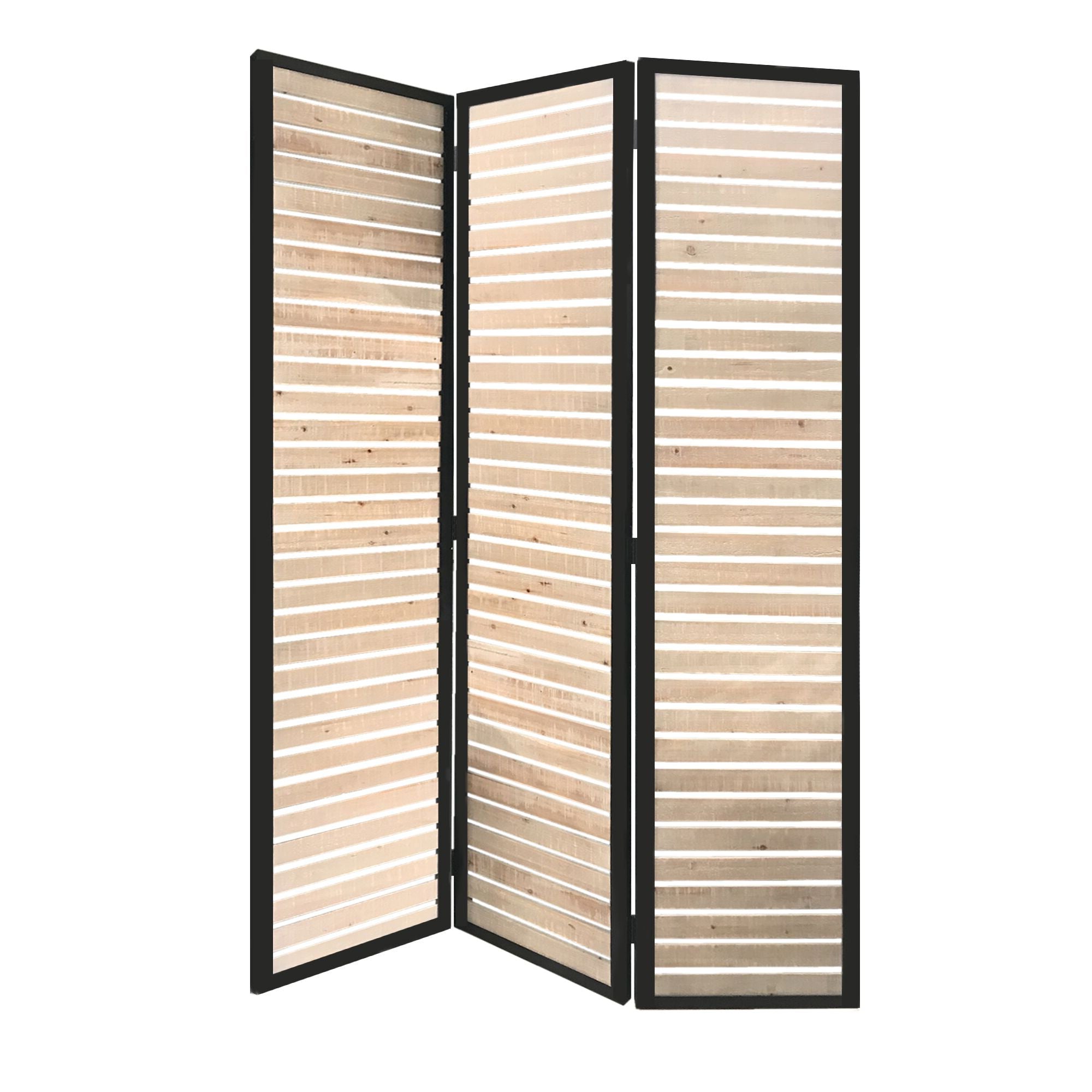 67" Natural Wood and Iron Folding Three Panel Screen Room Divider-Room Dividers-DECOROLALA
