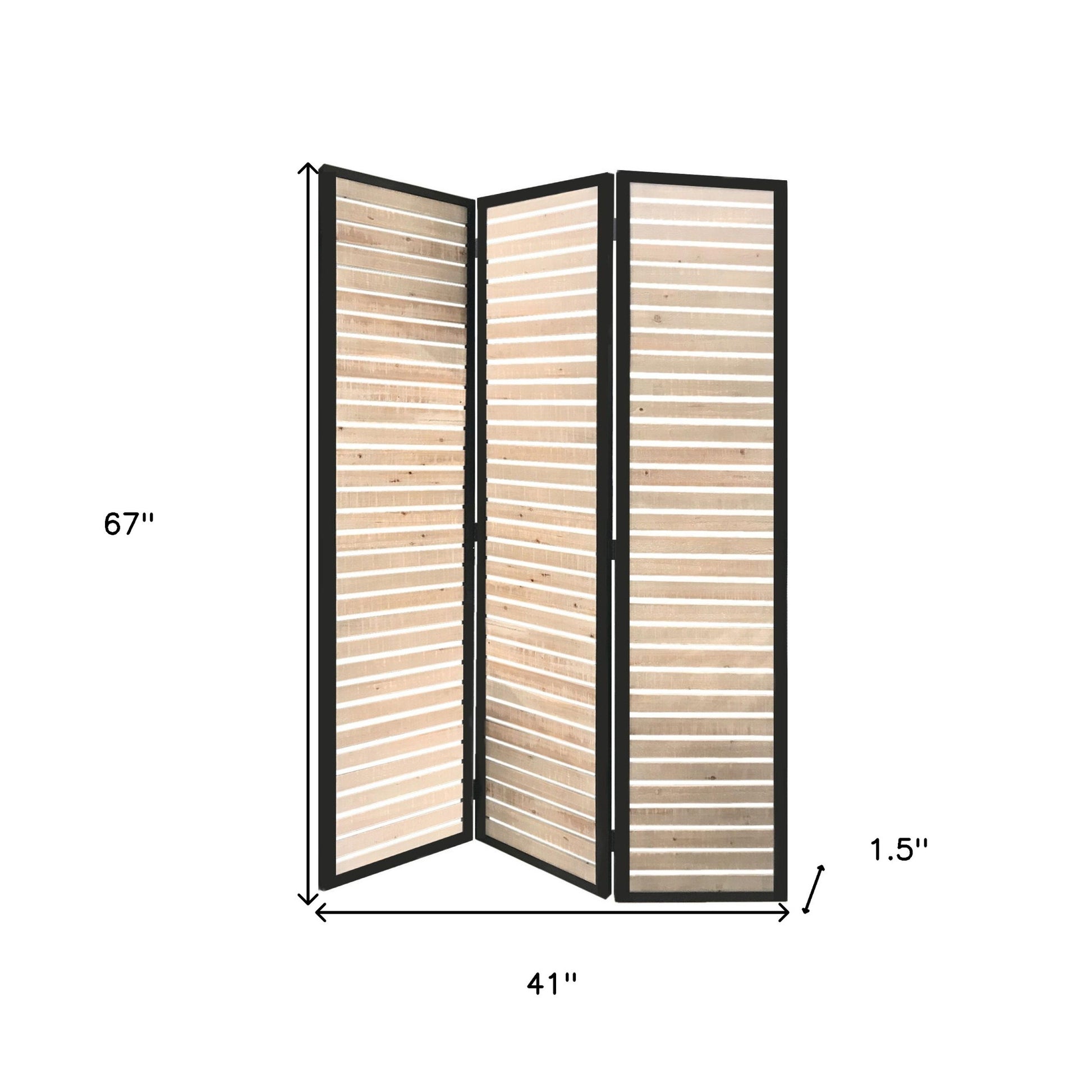 67" Natural Wood and Iron Folding Three Panel Screen Room Divider-Room Dividers-DECOROLALA