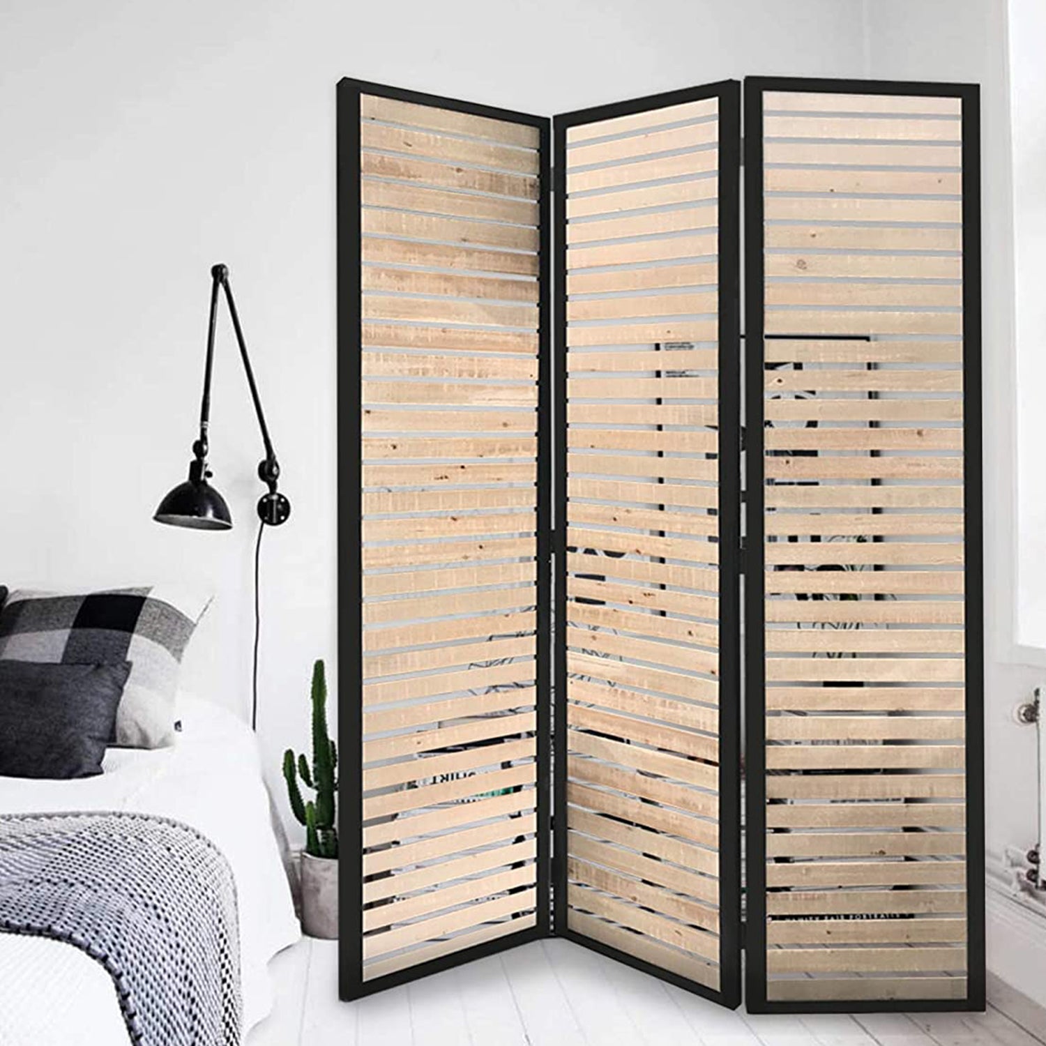67" Natural Wood and Iron Folding Three Panel Screen Room Divider-Room Dividers-DECOROLALA