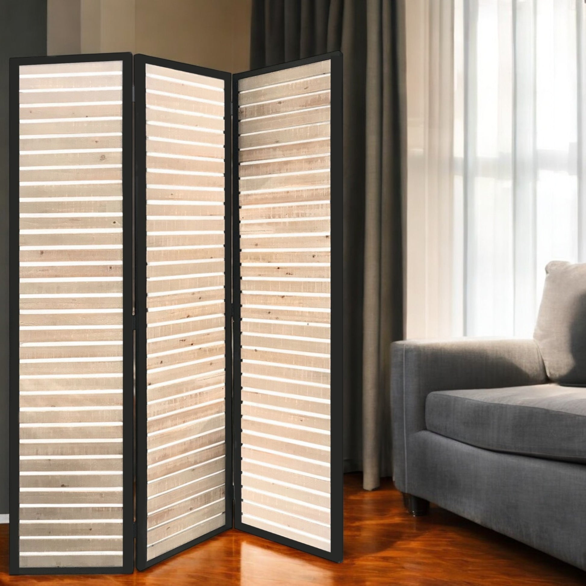 67" Natural Wood and Iron Folding Three Panel Screen Room Divider-Room Dividers-DECOROLALA