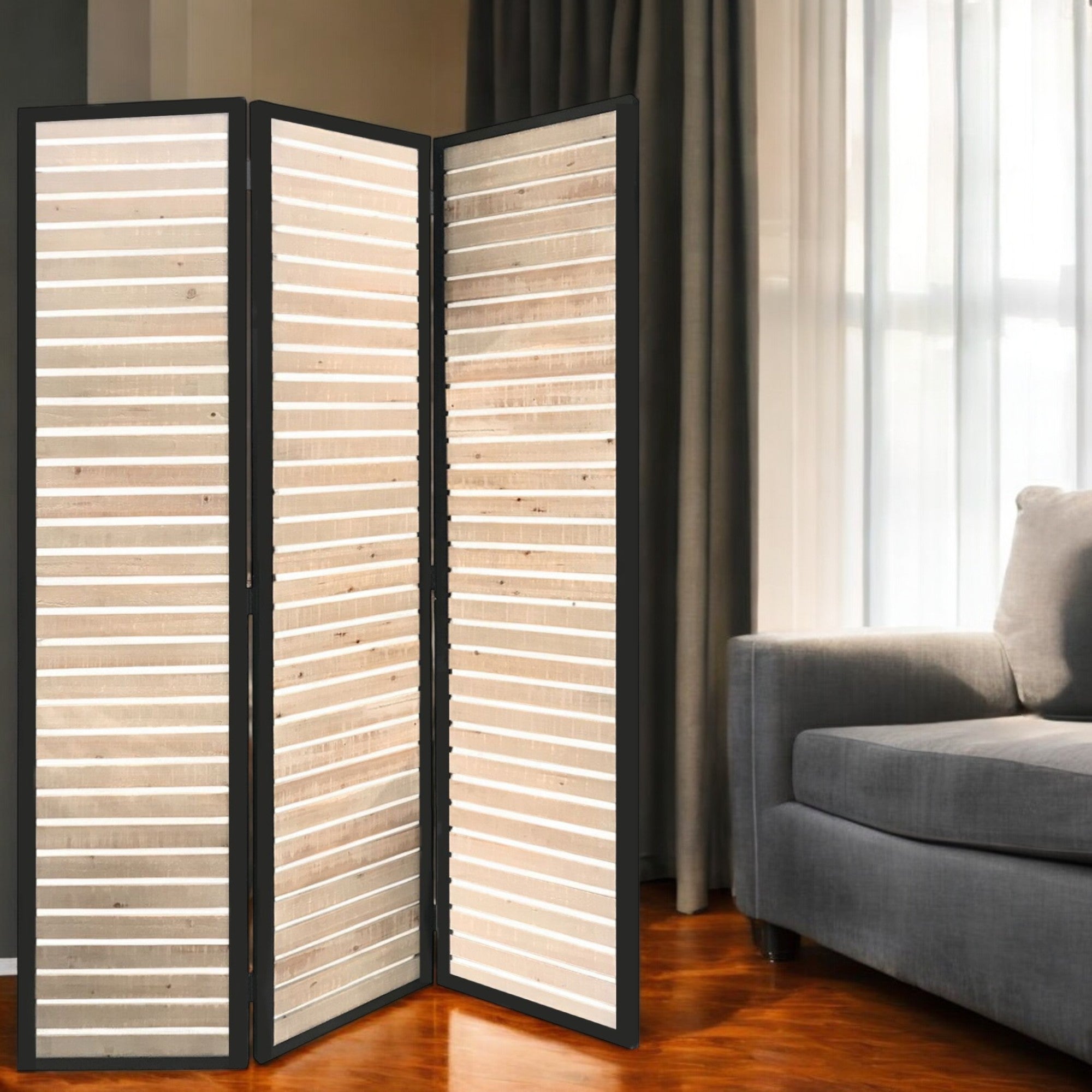 67" Natural Wood and Iron Folding Three Panel Screen Room Divider-Room Dividers-DECOROLALA