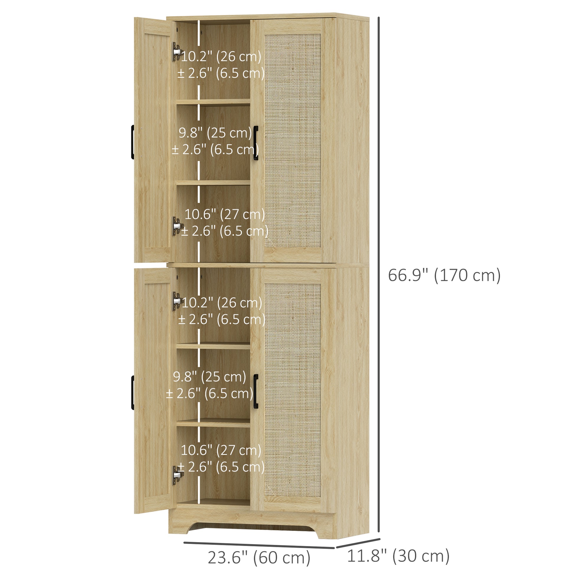 67" Oak Kitchen Pantry with 4 Rattan Doors, Adjustable Shelves-DECOROLALA