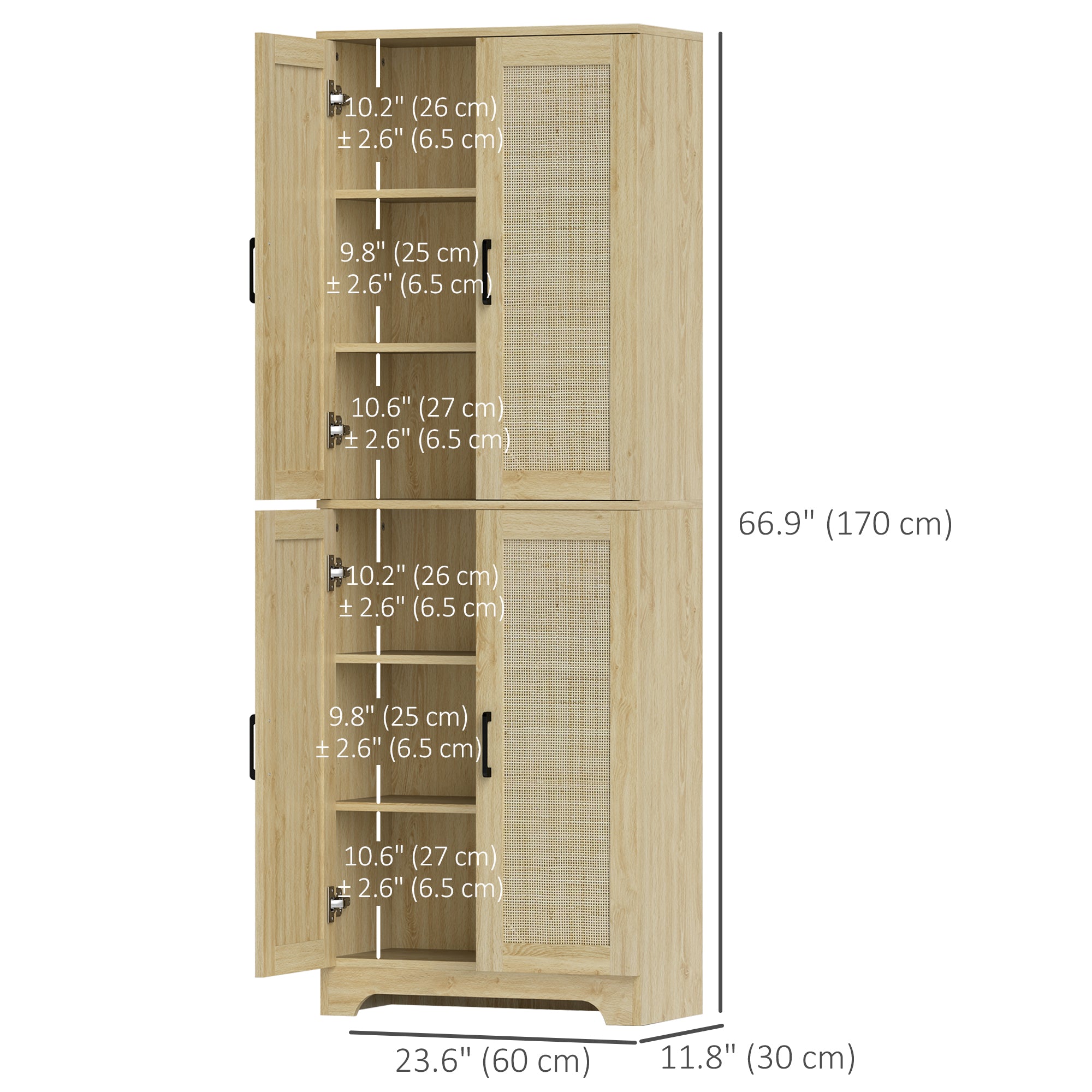 67" Oak Kitchen Pantry with 4 Rattan Doors, Adjustable Shelves-DECOROLALA