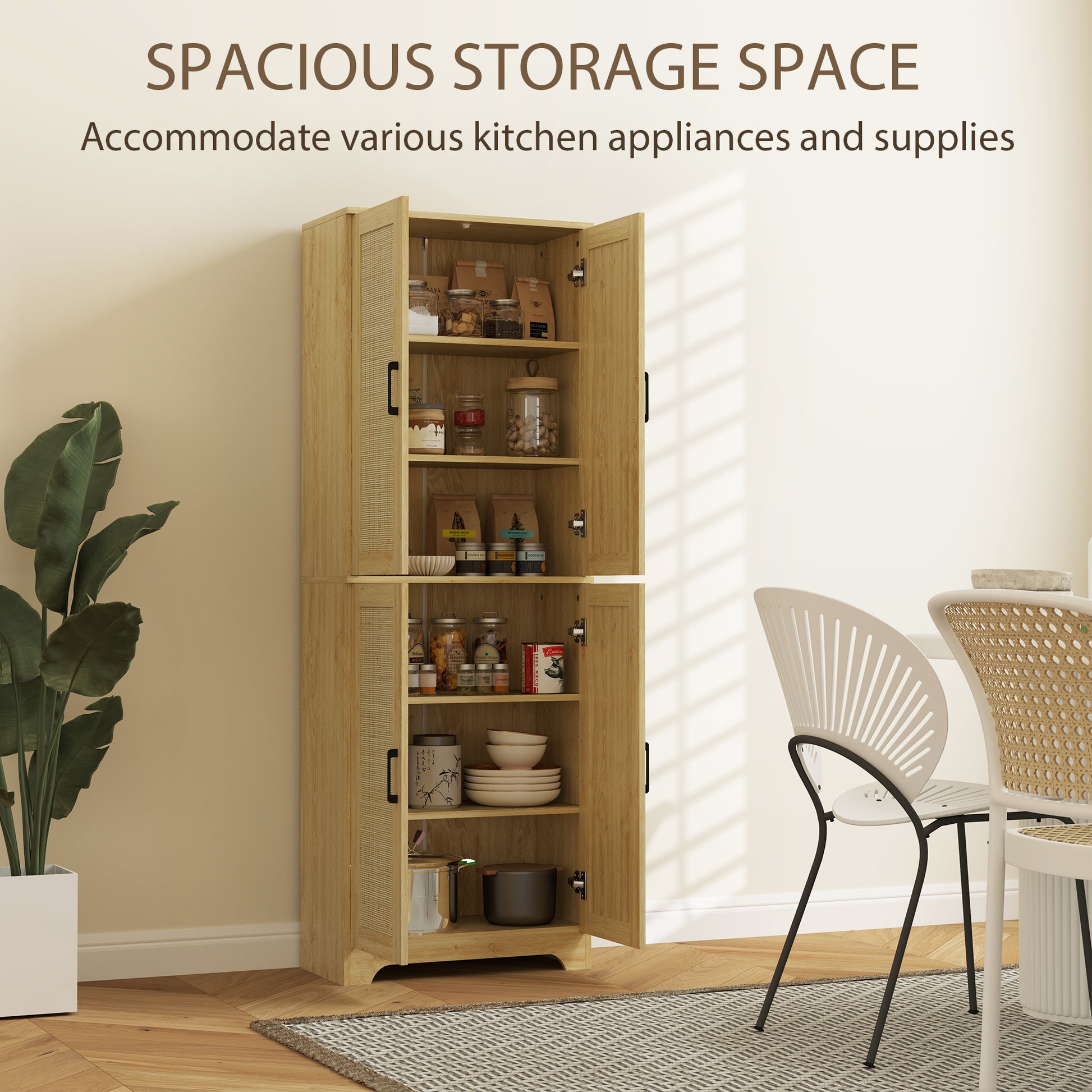 67" Oak Kitchen Pantry with 4 Rattan Doors, Adjustable Shelves-DECOROLALA