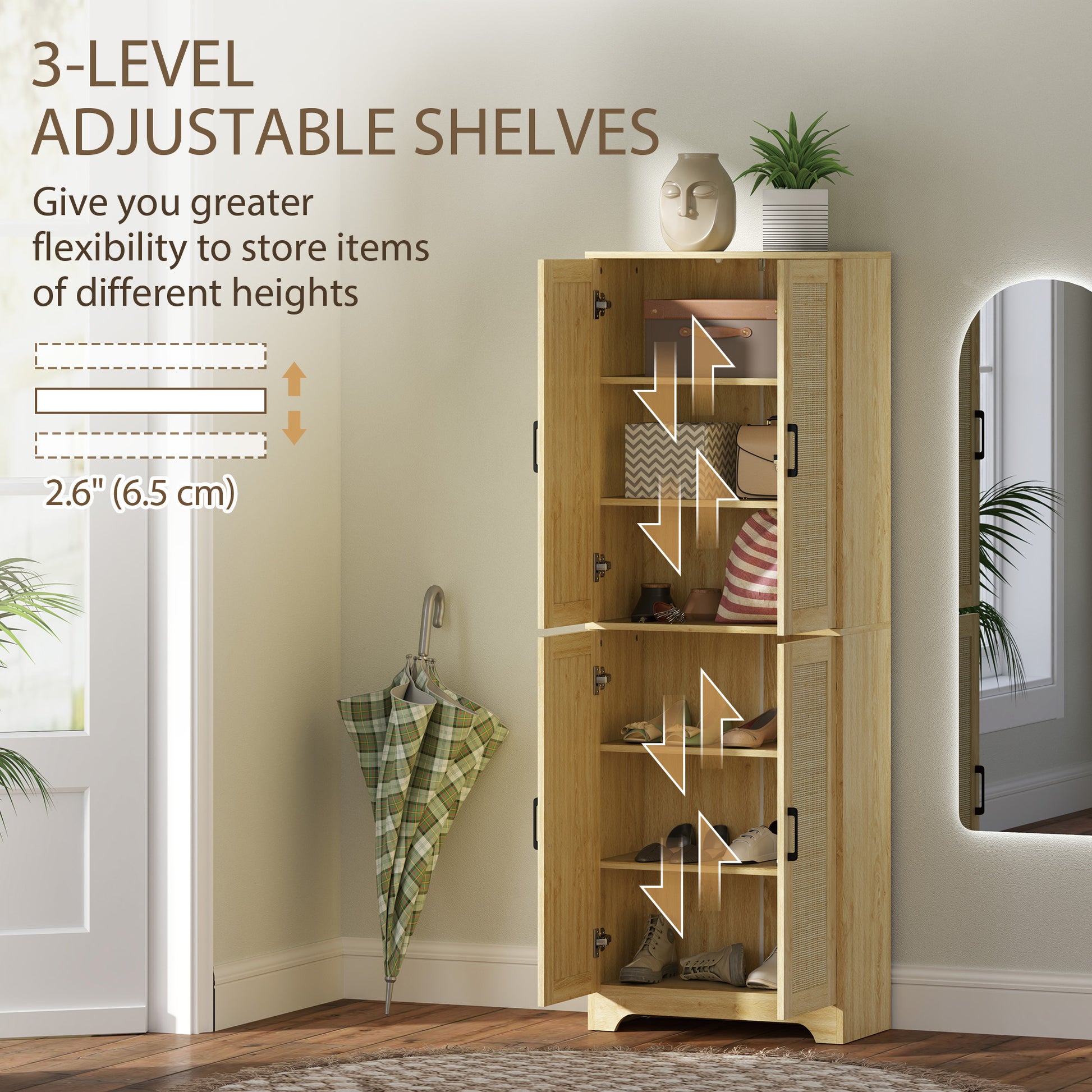 67" Oak Kitchen Pantry with 4 Rattan Doors, Adjustable Shelves-DECOROLALA