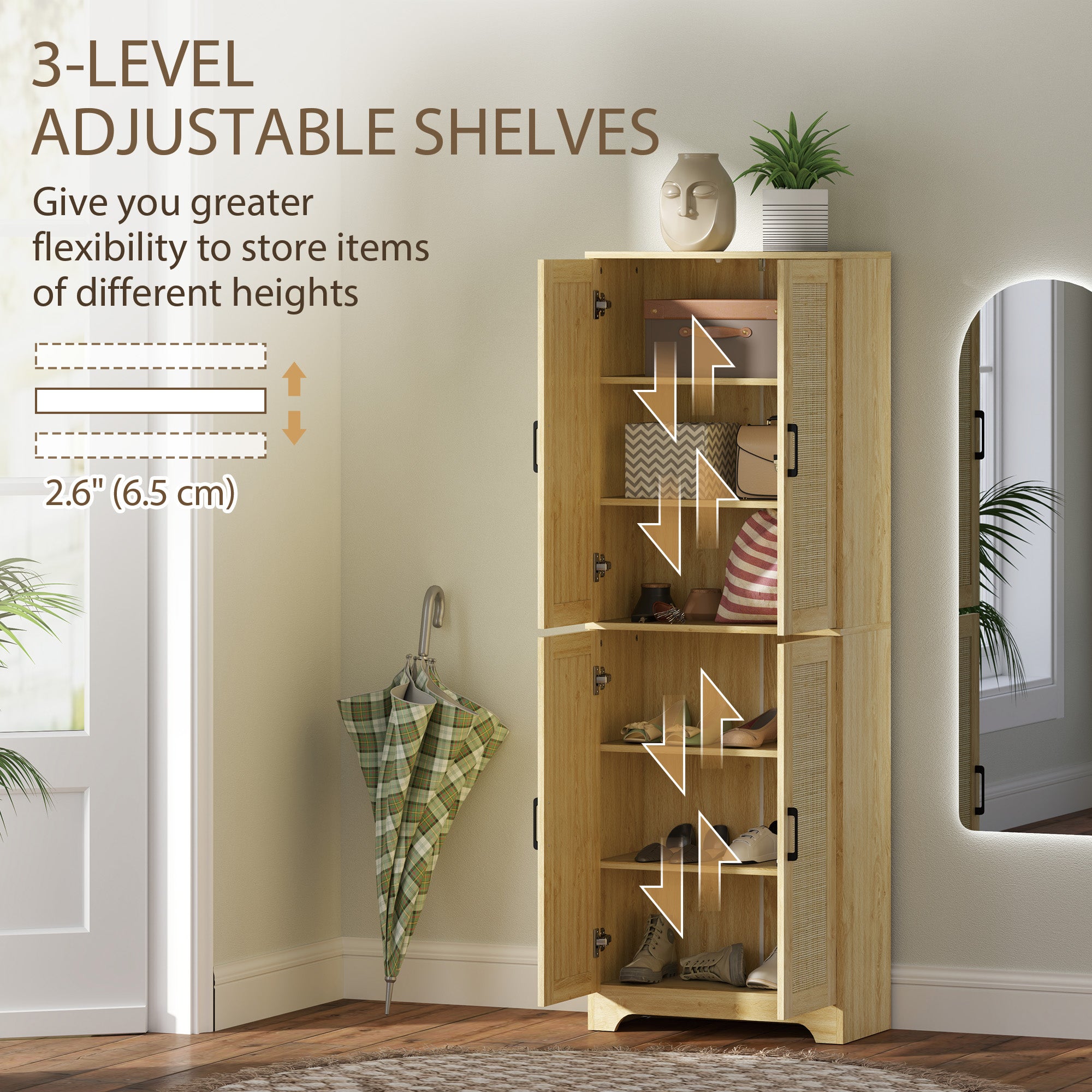 67" Oak Kitchen Pantry with 4 Rattan Doors, Adjustable Shelves-DECOROLALA