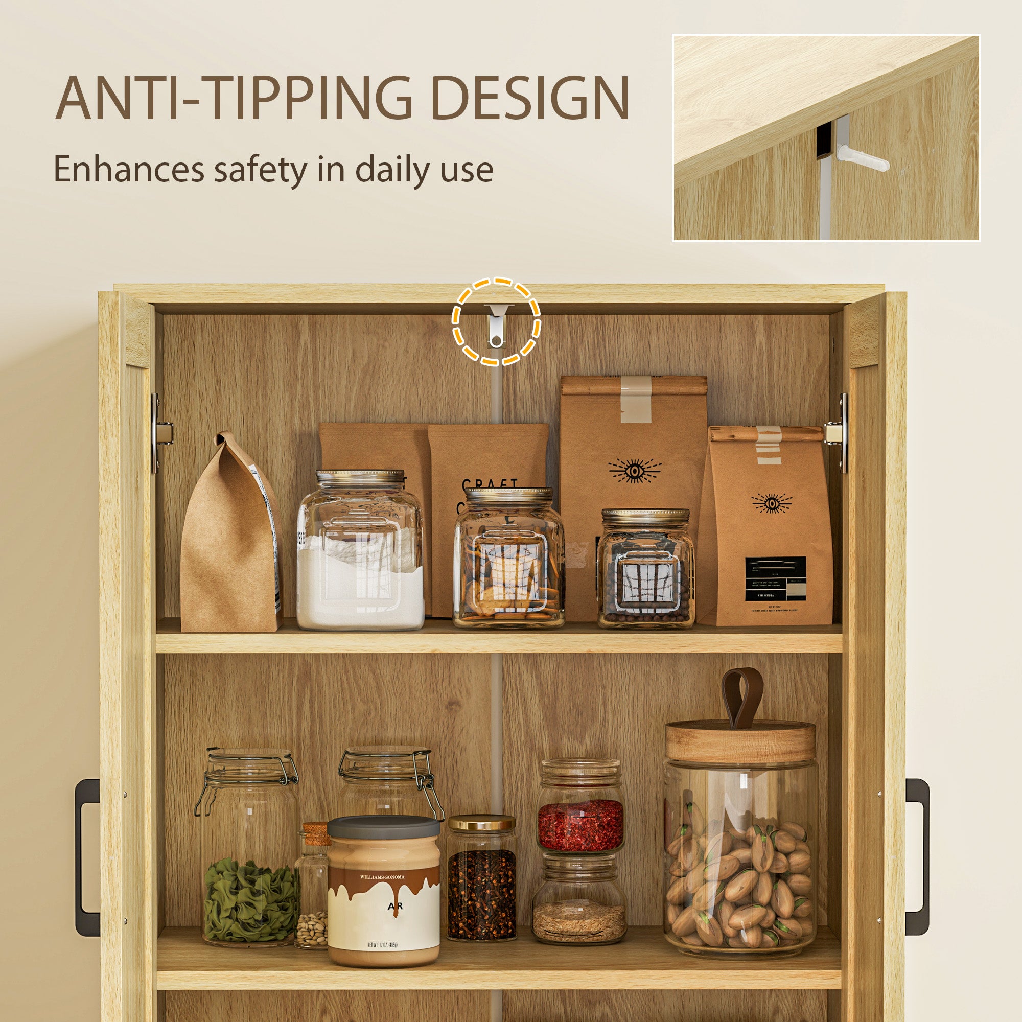 67" Oak Kitchen Pantry with 4 Rattan Doors, Adjustable Shelves-DECOROLALA