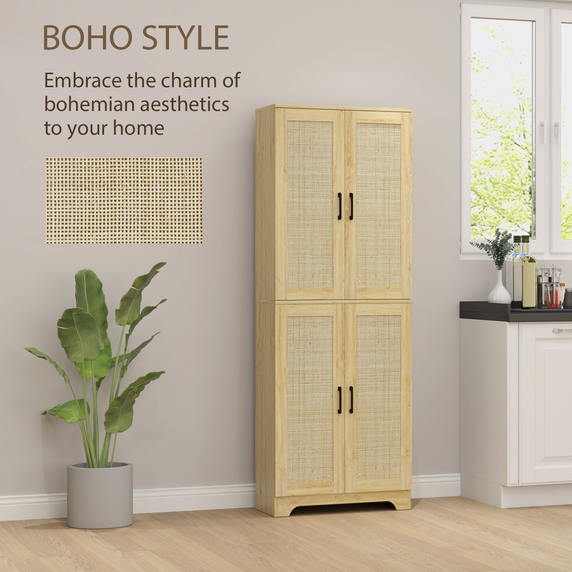 67" Oak Kitchen Pantry with 4 Rattan Doors, Adjustable Shelves-DECOROLALA