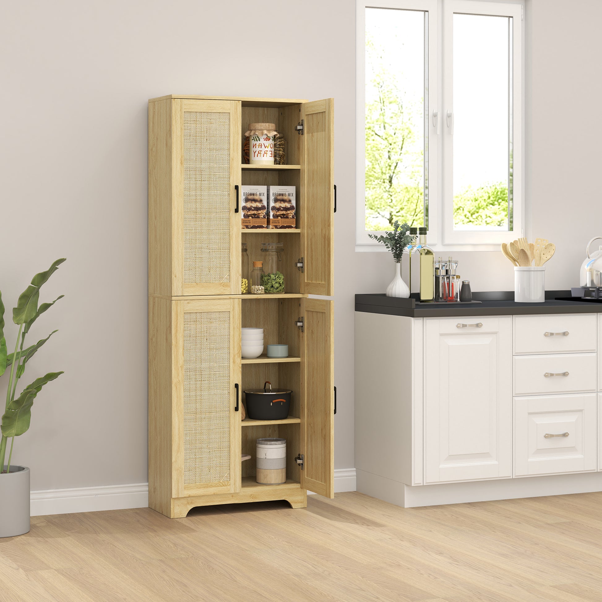 67" Oak Kitchen Pantry with 4 Rattan Doors, Adjustable Shelves-DECOROLALA