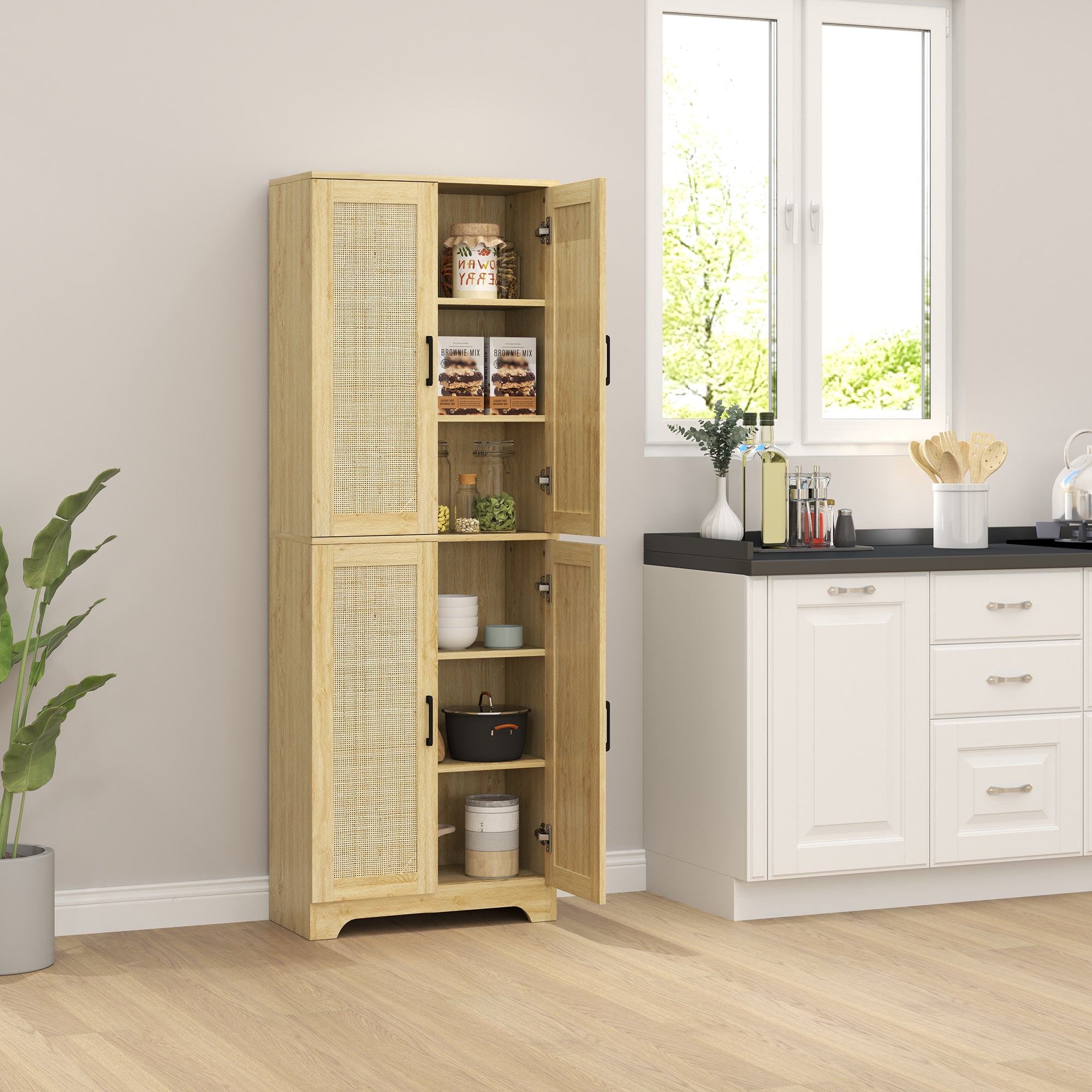 67" Oak Kitchen Pantry with 4 Rattan Doors, Adjustable Shelves-DECOROLALA