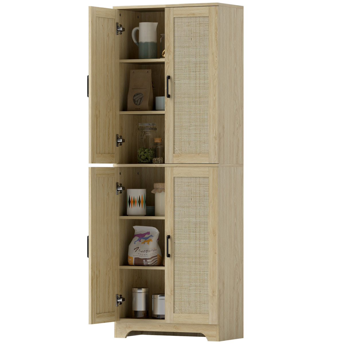 67" Oak Kitchen Pantry with 4 Rattan Doors, Adjustable Shelves-Sideboards & Buffets-DECOROLALA