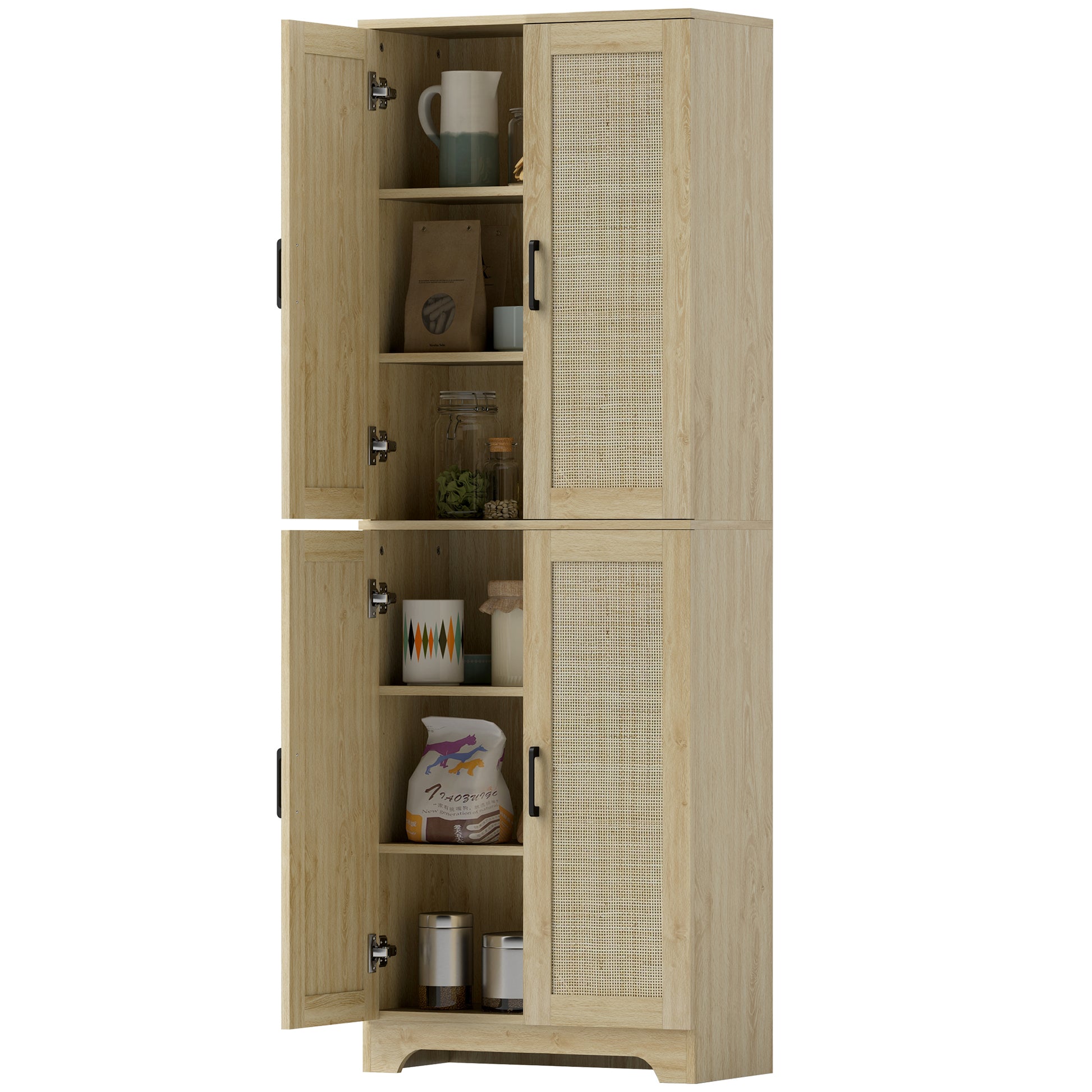 67" Oak Kitchen Pantry with 4 Rattan Doors, Adjustable Shelves-DECOROLALA