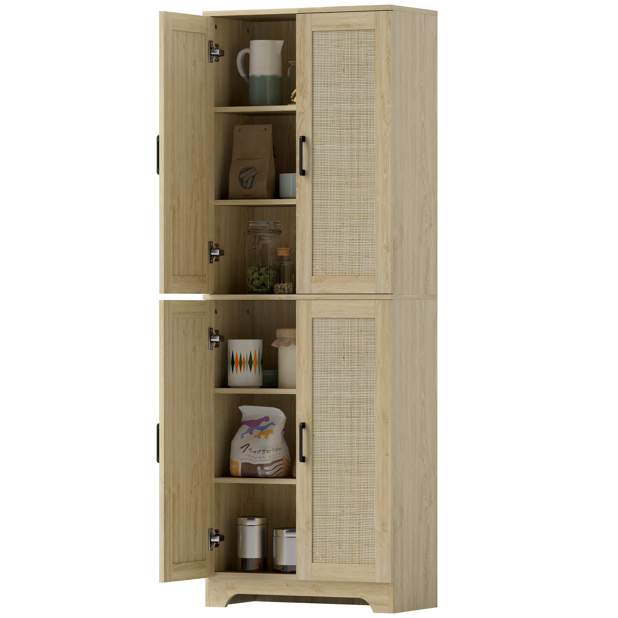 67" Oak Kitchen Pantry with 4 Rattan Doors, Adjustable Shelves-DECOROLALA